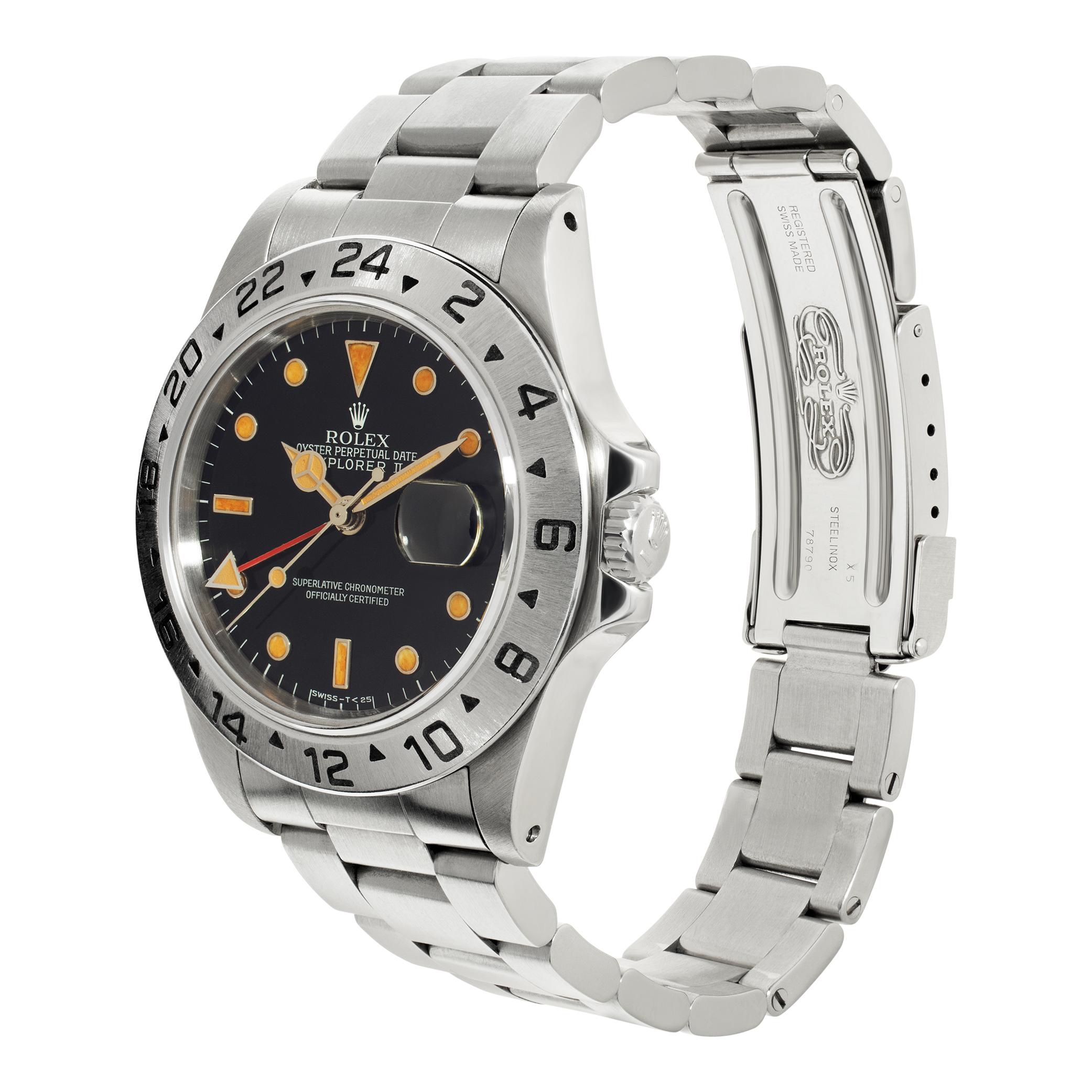 Rolex Explorer II in stainless steel with fliplock oyster bracelet & yellow toned luminescence. Auto w/ sweep seconds and date. 39 mm case size. **Bank wire only at this price** Ref 16550. Circa 1984. Fine Pre-owned Rolex Watch.

 Certified preowned
