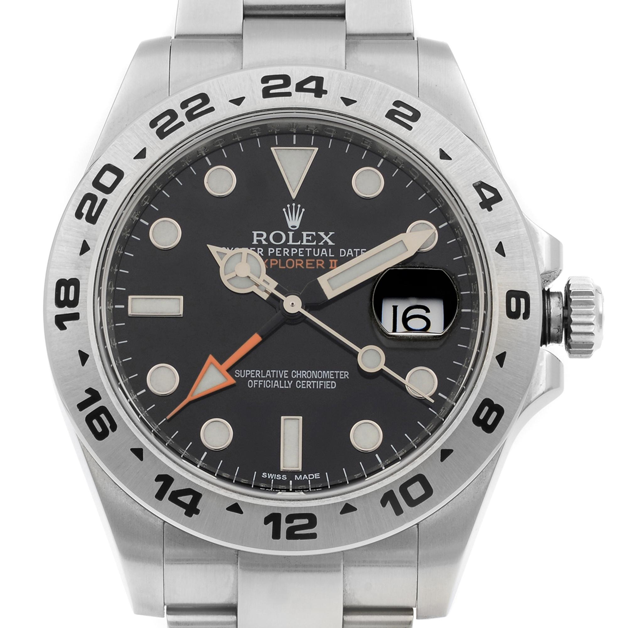 This pre-owned Rolex Explorer II 216570 is a beautiful men's timepiece that is powered by a mechanical (automatic) movement which is cased in a stainless steel case. It has a round shape face, GMT, date indicator dial and has hand sticks & dots