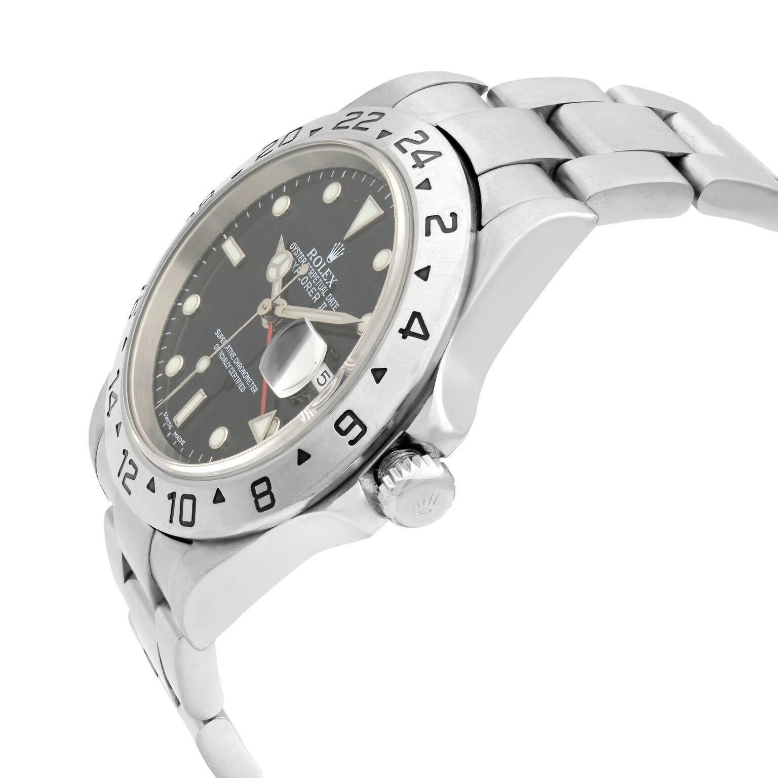 Rolex Explorer II Steel No Holes Case GMT Automatic Mens Watch 16570 In Excellent Condition For Sale In New York, NY