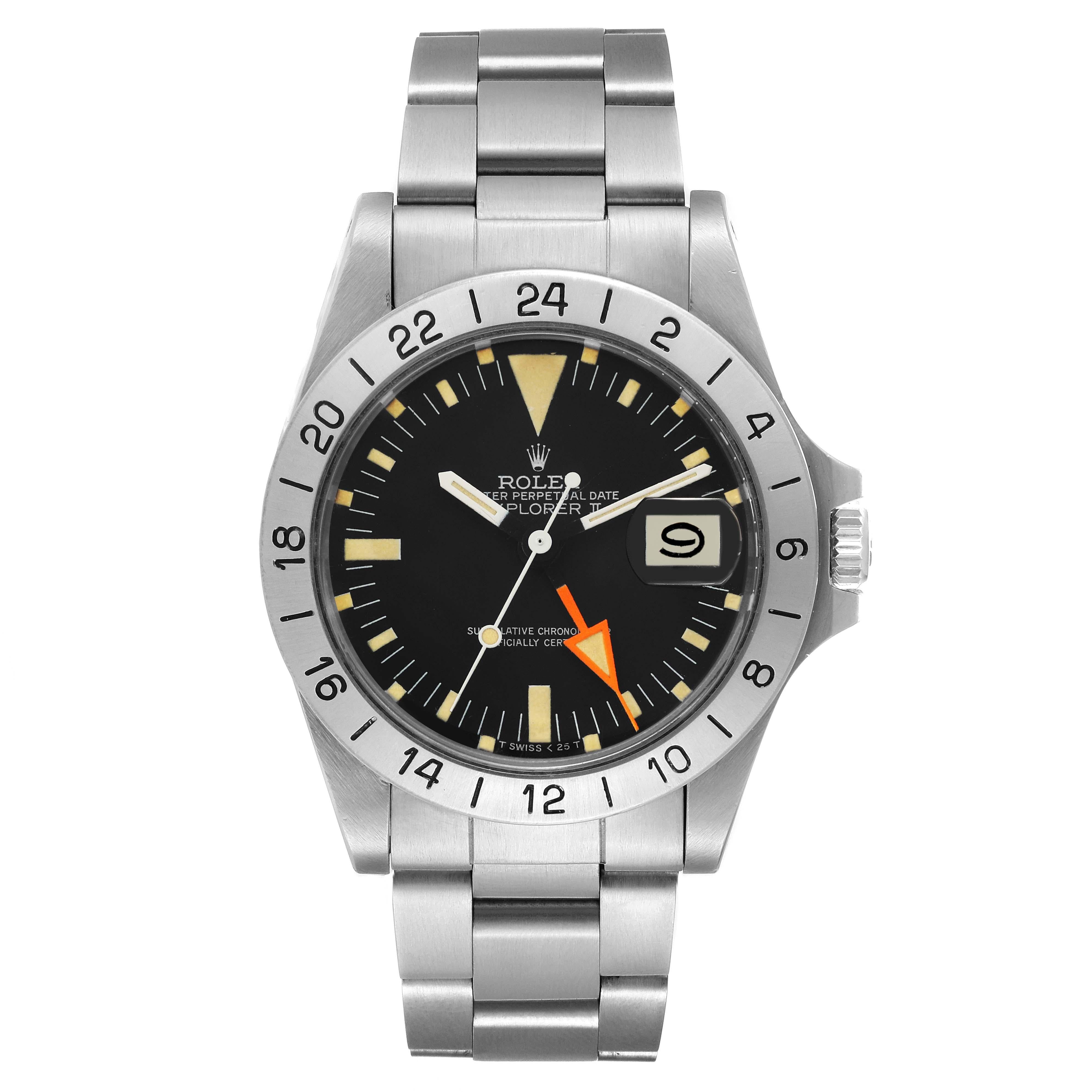 Rolex Explorer II Steve Mcqueen Vintage Steel Mens Watch 1655 Box Papers. Officially certified chronometer self-winding movement. Straight-line lever escapement, monometallic balance adjusted to 5 positions and temperature, shock absorber,