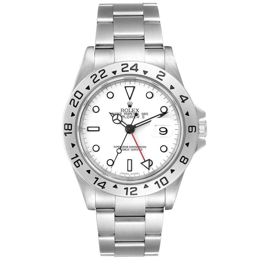 Rolex Explorer II White Dial Automatic Steel Mens Watch 16570 Box. Officially certified chronometer self-winding movement. Stainless steel case 40 mm in diameter. Rolex logo on a crown. Stainless steel bezel. Scratch resistant sapphire crystal with