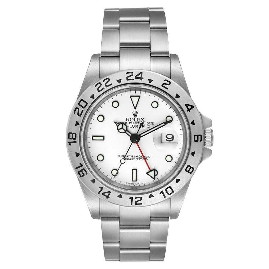 Rolex Explorer II White Dial Automatic Steel Mens Watch 16570. Officially certified chronometer self-winding movement. Stainless steel case 40 mm in diameter. Rolex logo on a crown. Stainless steel bezel. Scratch resistant sapphire crystal with