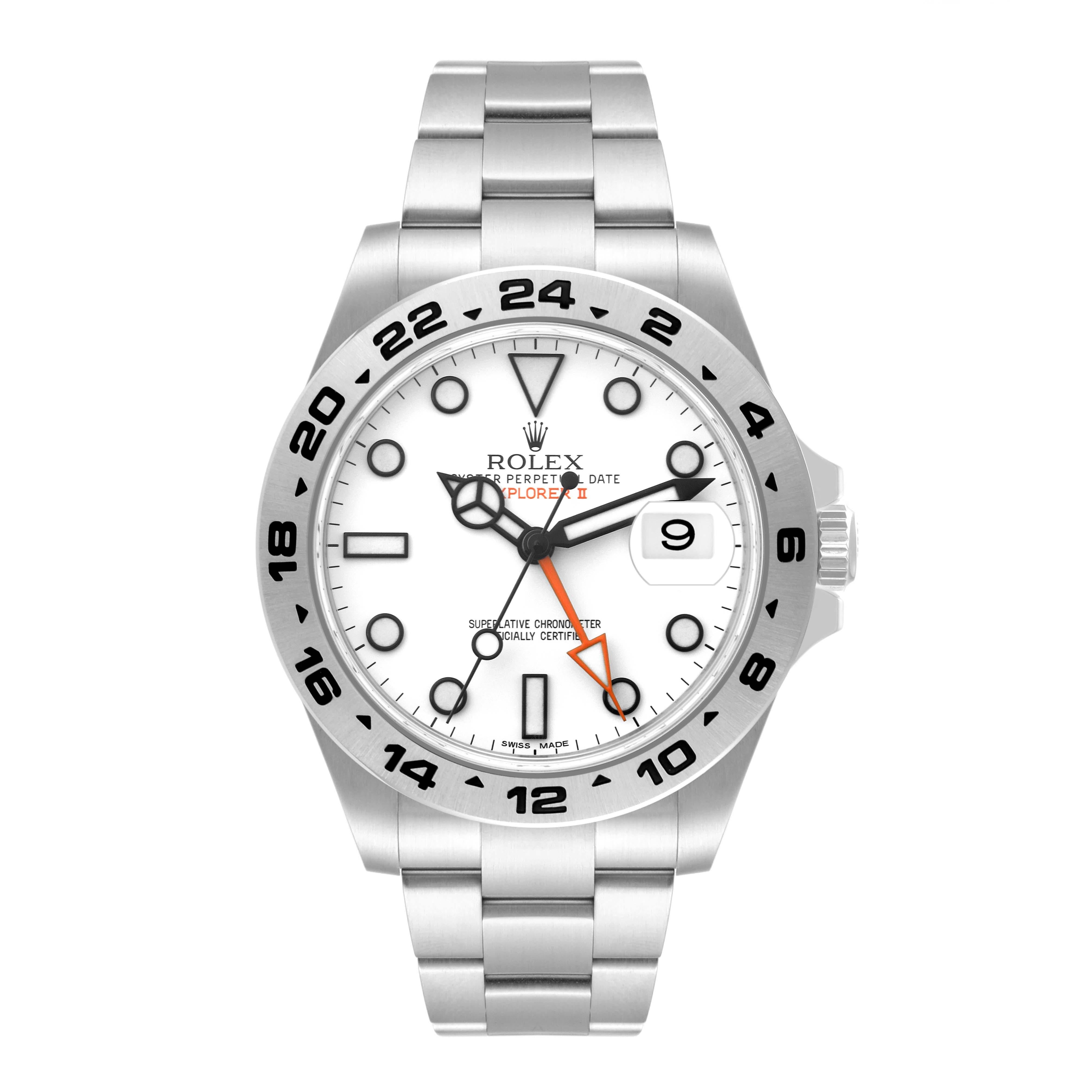 Rolex Explorer II White Dial Orange Hand Steel Mens Watch 216570 Box Card. Officially certified chronometer automatic self-winding movement. Stainless steel case 42.0 mm in diameter. Rolex logo on the crown. Stainless steel bezel with engraved