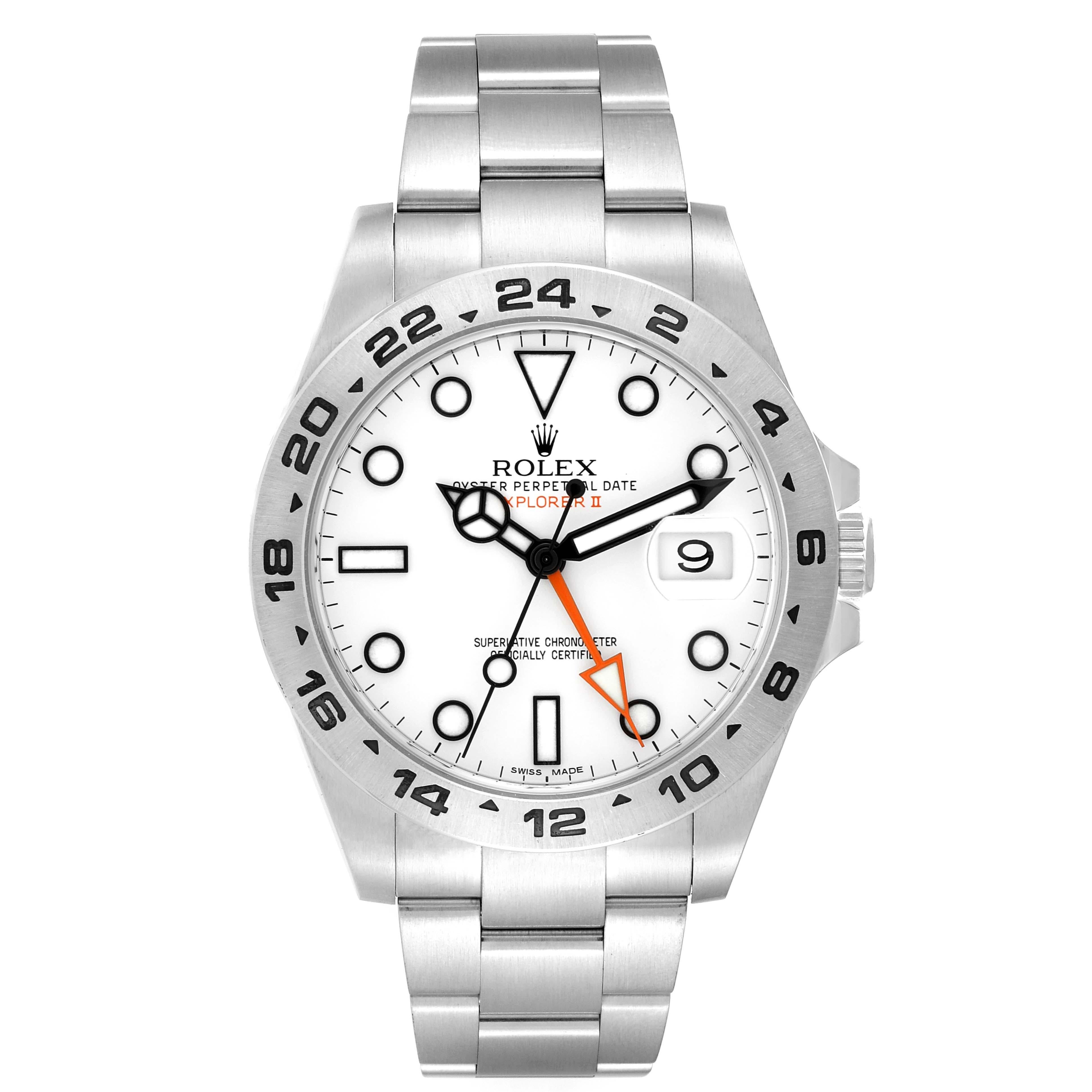 Rolex Explorer II White Dial Orange Hand Steel Mens Watch 216570 Box Card. Officially certified chronometer automatic self-winding movement. Stainless steel case 42.0 mm in diameter. Rolex logo on the crown. Stainless steel bezel with engraved