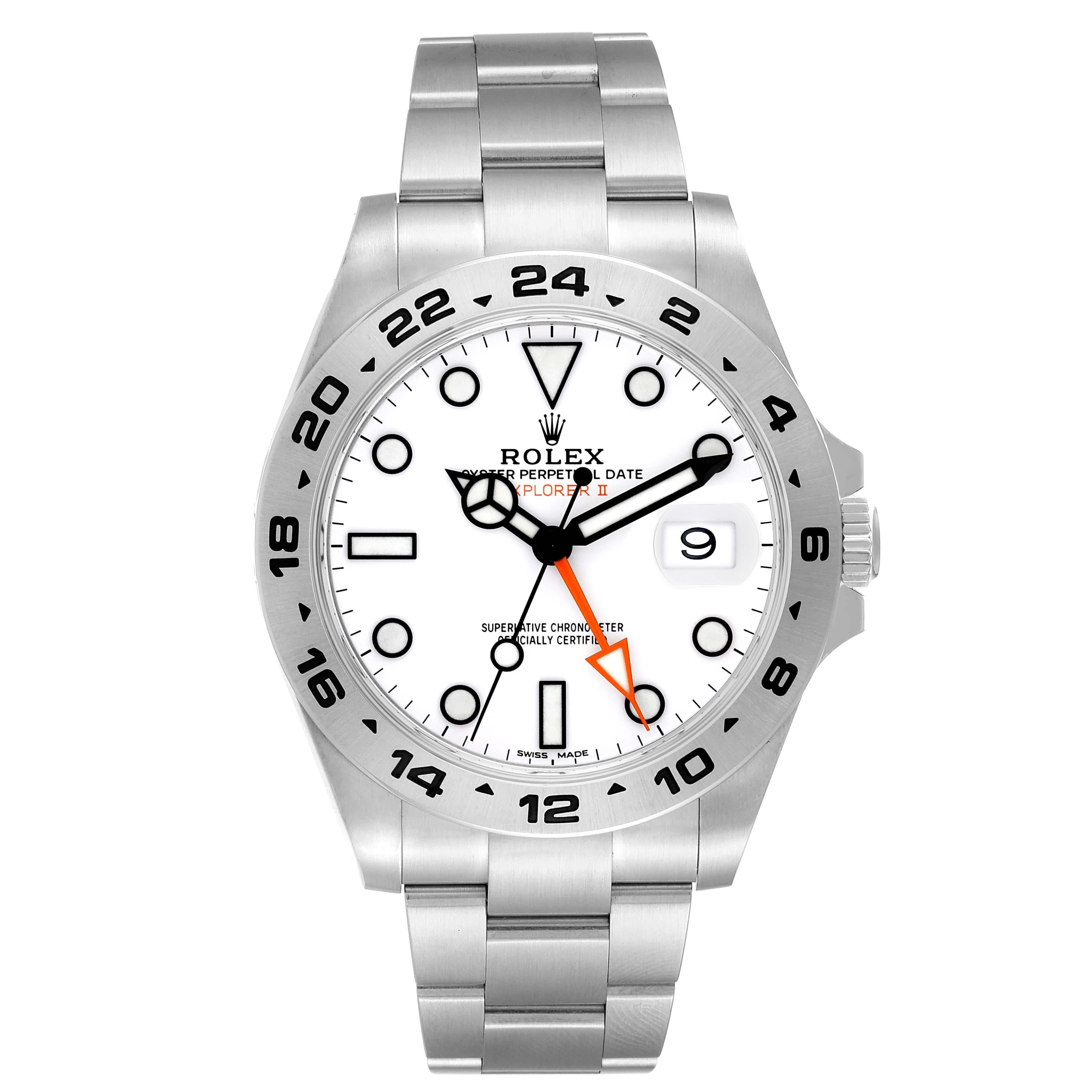 Rolex Explorer II White Dial Orange Hand Steel Mens Watch 216570 Box Card. Officially certified chronometer self-winding movement. Stainless steel case 42.0 mm in diameter. Rolex logo on a crown. Stainless steel tachymetric scale bezel. Scratch