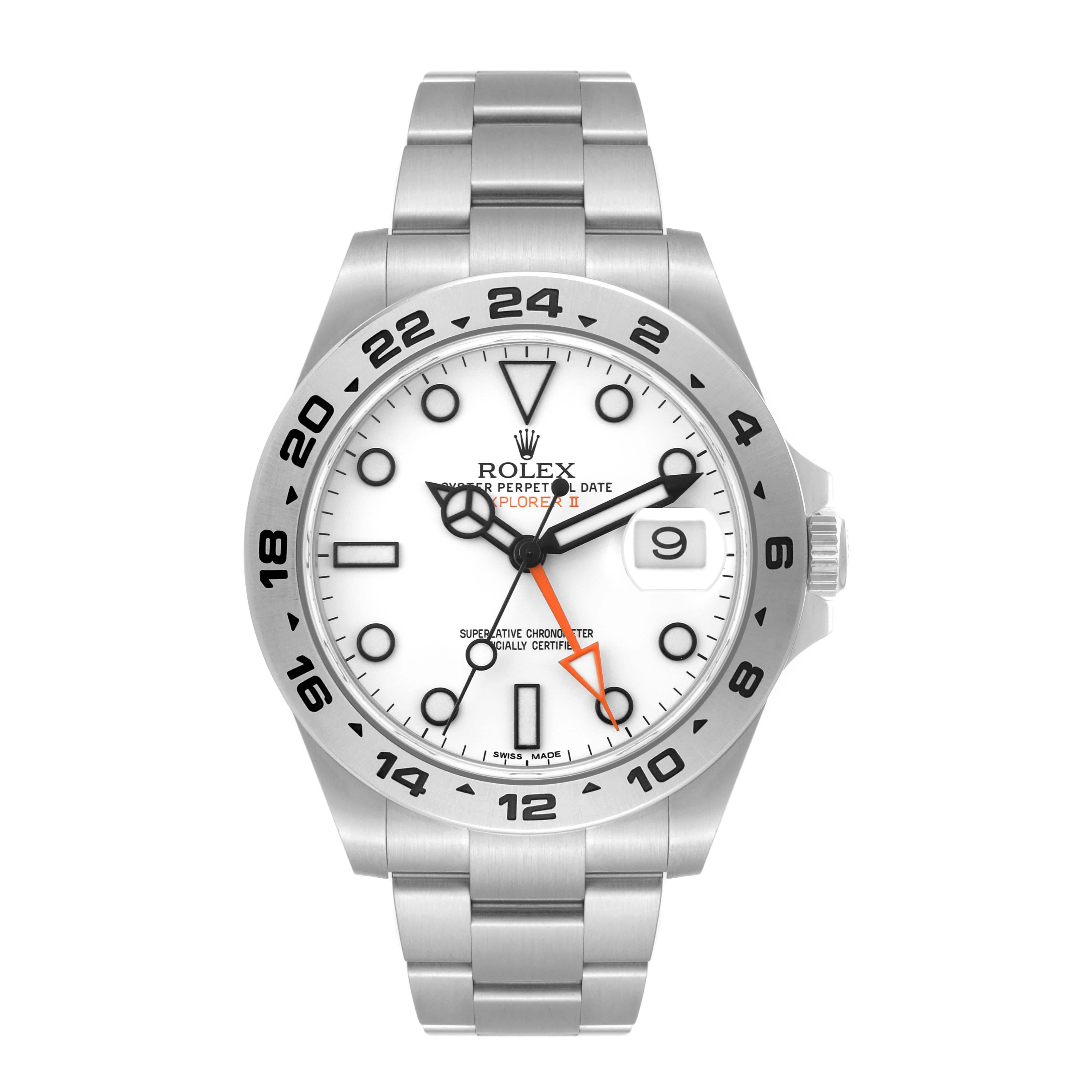 Rolex Explorer II White Dial Orange Hand Steel Mens Watch 216570 Box Card. Officially certified chronometer automatic self-winding movement. Stainless steel case 42.0 mm in diameter. Rolex logo on a crown. Stainless steel tachymetric scale bezel.