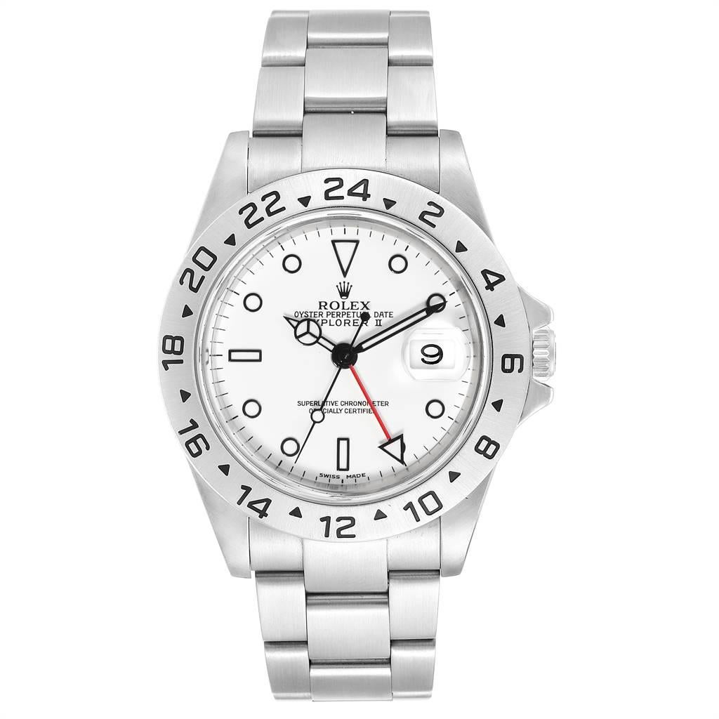 Rolex Explorer II White Dial Red Hand Steel Mens Watch 16570. Officially certified chronometer automatic self-winding movement. Stainless steel case 40.0 mm in diameter. Rolex logo on a crown. Stainless steel bezel. Scratch resistant sapphire