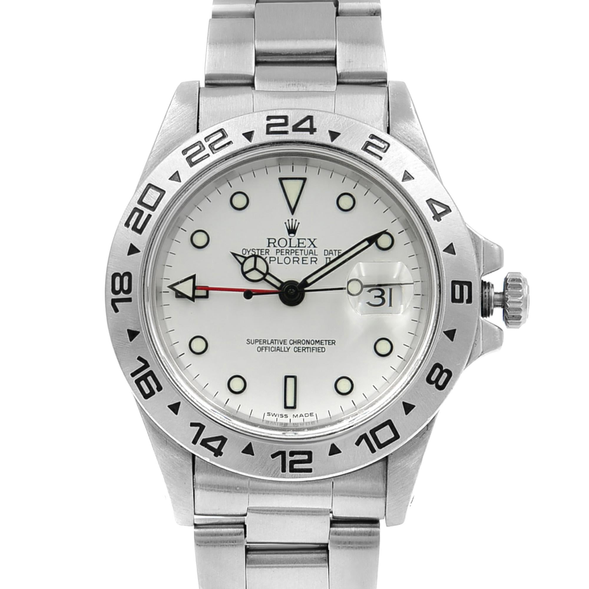 This pre-owned Rolex Explorer II 16550 is a beautiful men's timepiece that is powered by an automatic movement which is cased in a stainless steel case. It has a round shape face, date, dual time dial and has hand sticks & dots style markers. It is