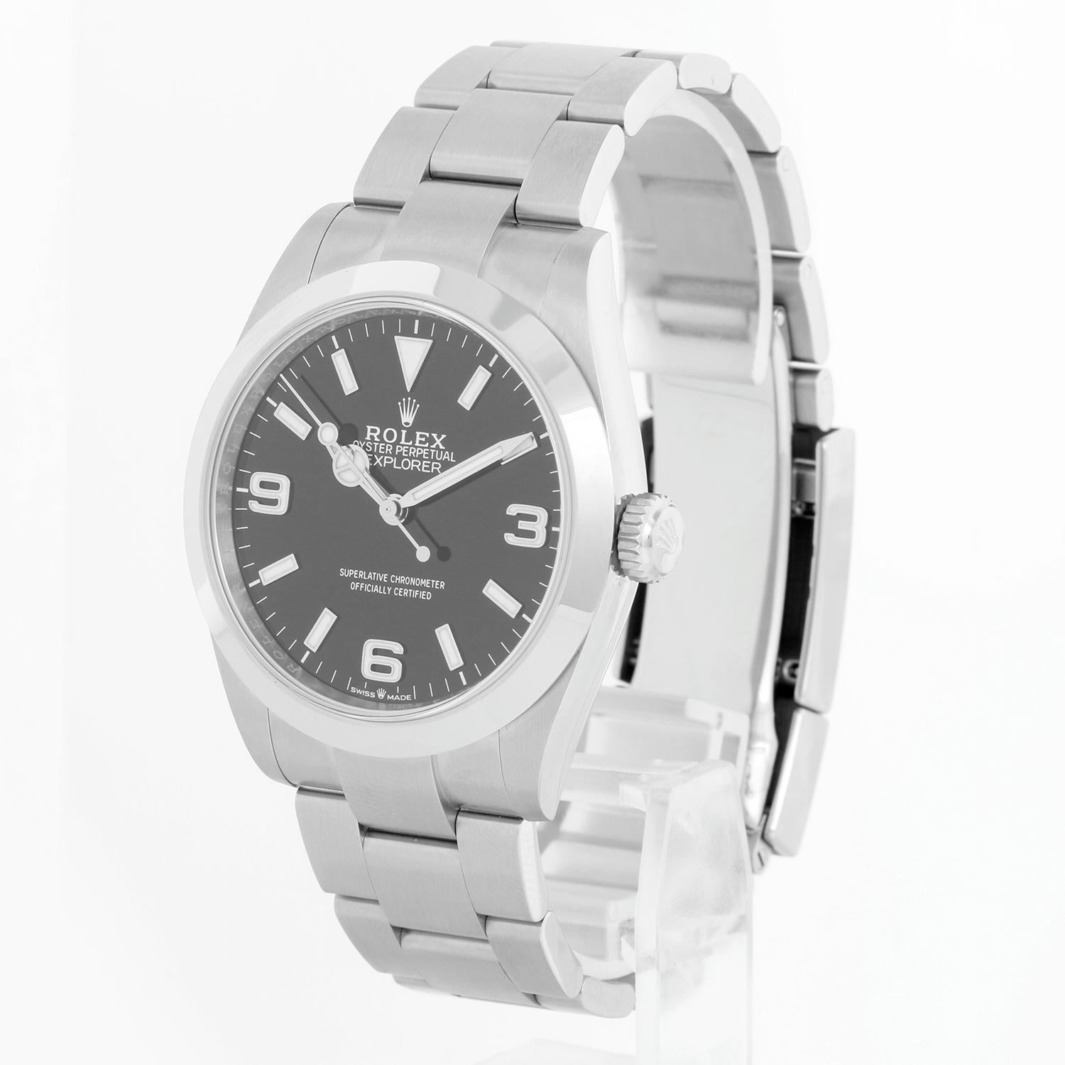 Rolex Explorer Men's Stainless Steel Watch 224270 - Automatic winding. Stainless steel case with smooth bezel ( 39 mm) . Black dial with white stick markers and Arabic numerals. Stainless steel Oyster bracelet with flip-lock clasp. Like-new with