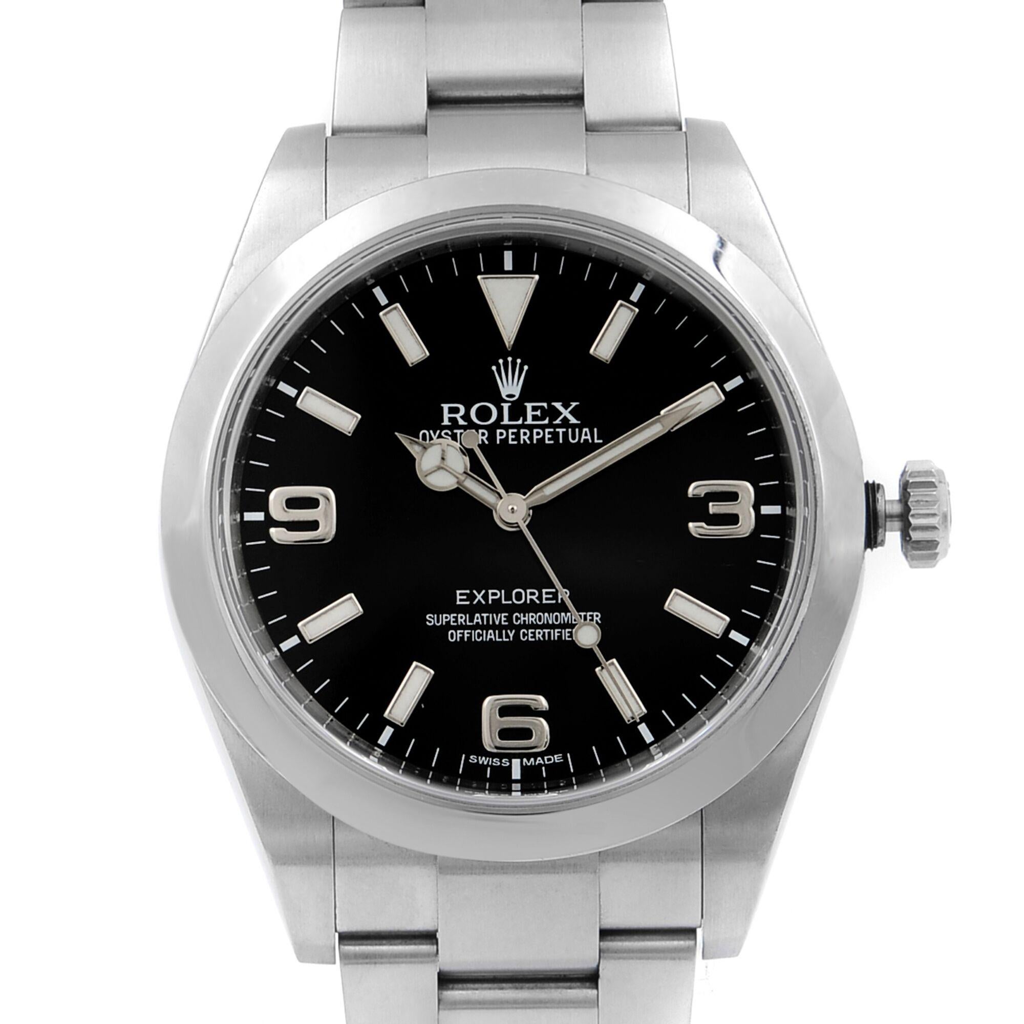 This pre-owned Rolex Explorer 214270 is a beautiful men's timepiece that is powered by mechanical (automatic) movement which is cased in a stainless steel case. It has a round shape face,  dial and has hand sticks & numerals style markers. It is