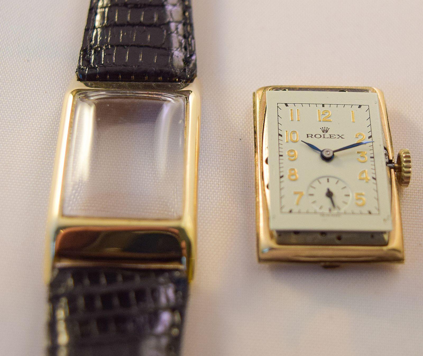 Rolex Montre rectangulaire extrêmement rare en or massif des années 1930 en vente 7