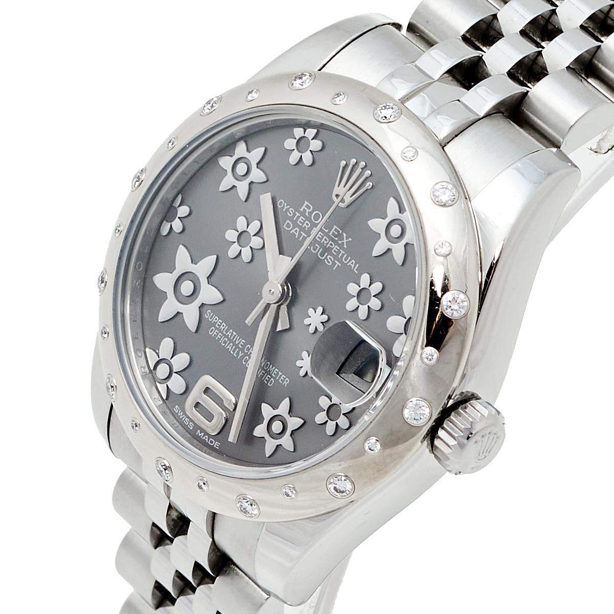 Rolex Floral 18K White Gold Stainless Steel Datejust  Women's Wristwatch 31 mm In Good Condition In Dubai, Al Qouz 2