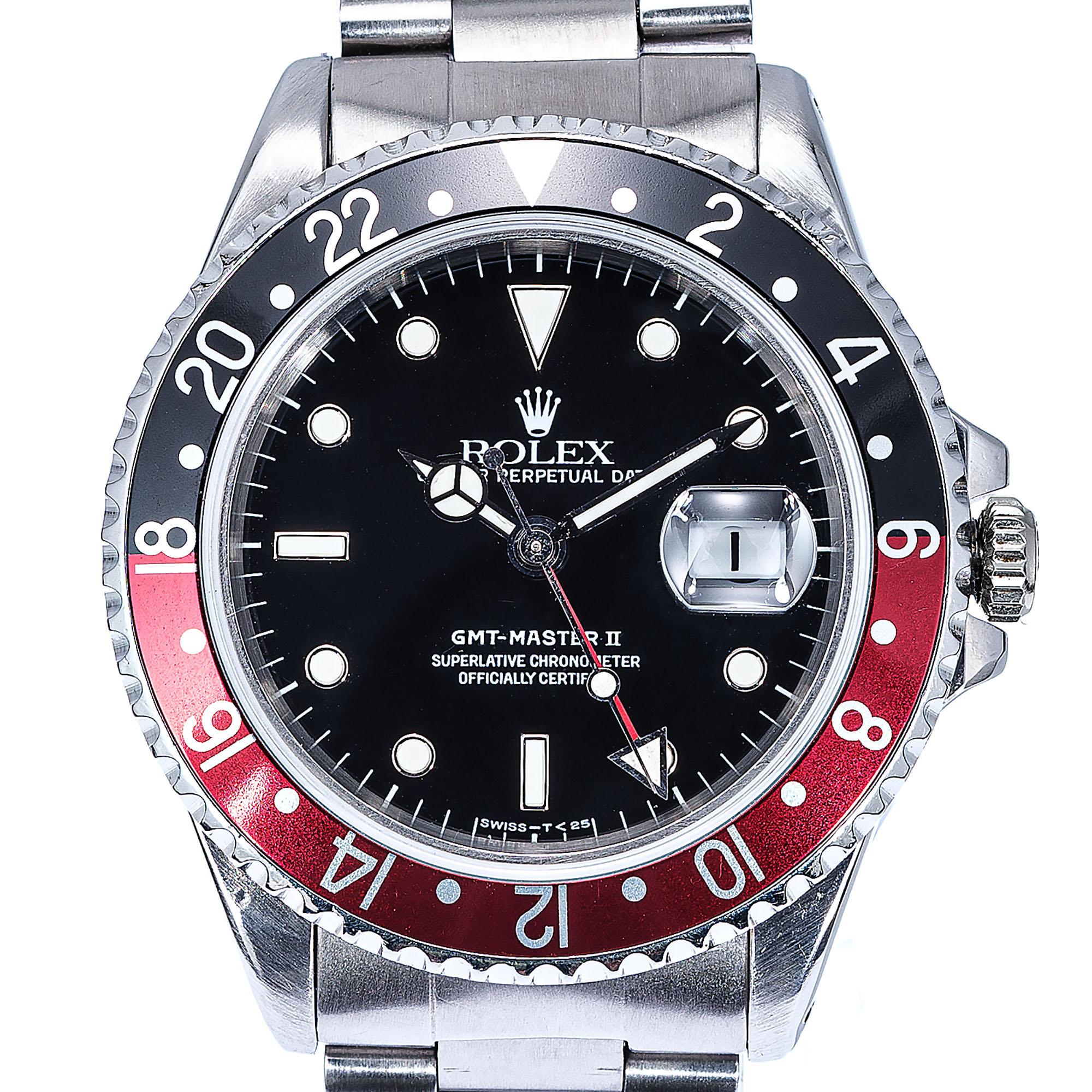 Vintage 1991 stainless steel original Rolex GMT. Not over polished. Original mark 3 bezel. Water sealed and pressure tested. 7.75 inches long.  

Length: 47.25mm
Width: 42mm
Band width at case: 20mm
Case thickness: 12mm
Band: stainless steel oyster