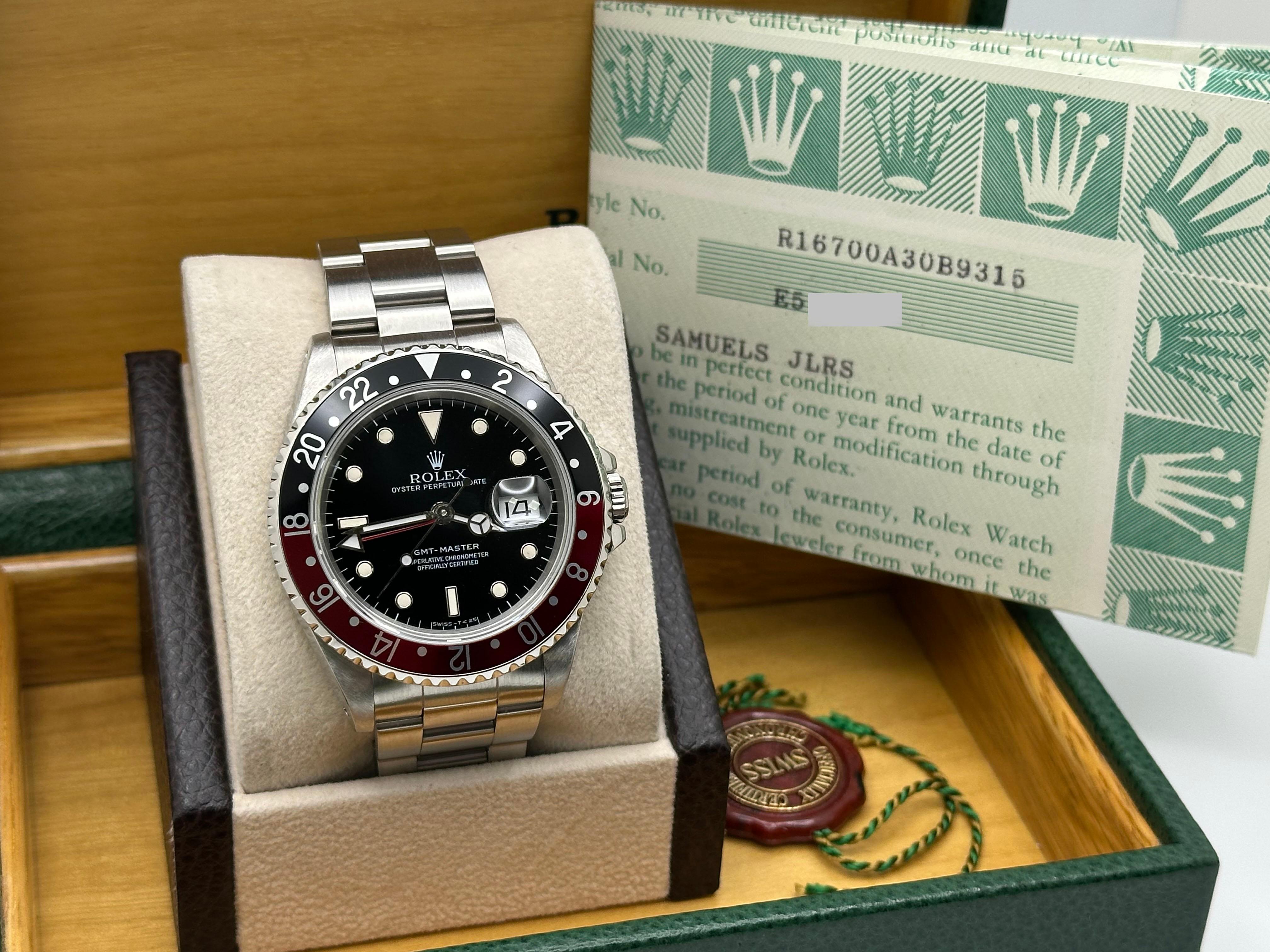 Style Number: 16700



Serial: E571***



Year: 1991

 

Model: Rolex GMT Master

 

Case Material: Stainless Steel 

 

Band: Stainless Steel 

  

Bezel: Coke - Red and Black 

  

Dial: Black 

 

Face: Sapphire Crystal 

 

Case Size: 40mm 

