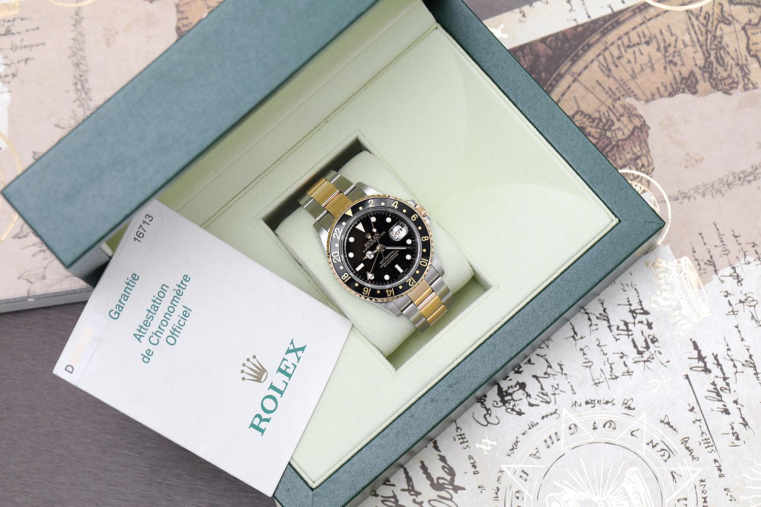 Rolex GMT-Master 16713 Stainless Steel and Yellow Gold Watch with Black Dial  For Sale 1
