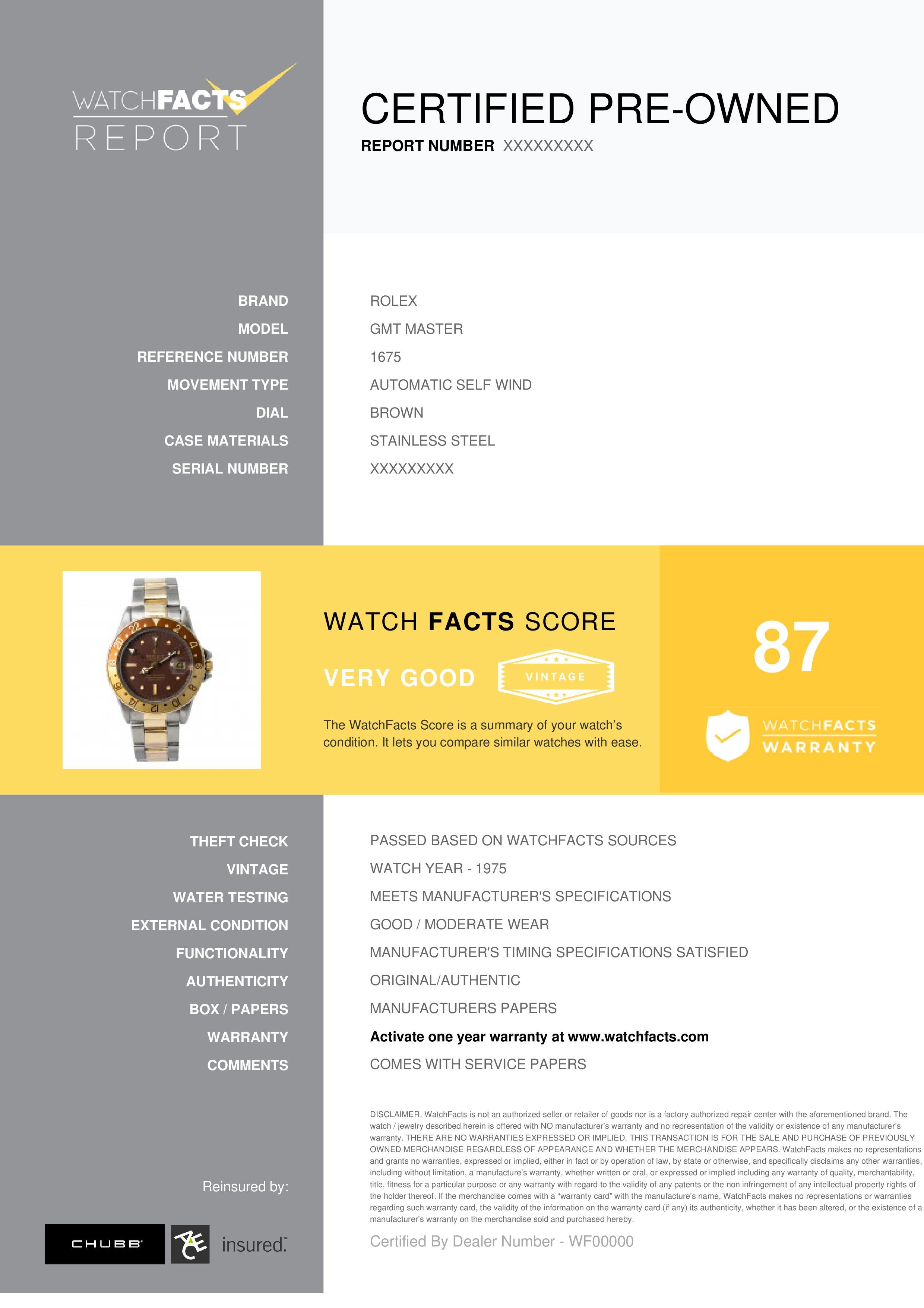 Rolex GMT Master Referenz #: 1675. Herren Automatikuhr Edelstahl Braun 40 MM. Geprüft und zertifiziert von WatchFacts. 1 Jahr Garantie:: angeboten von WatchFacts