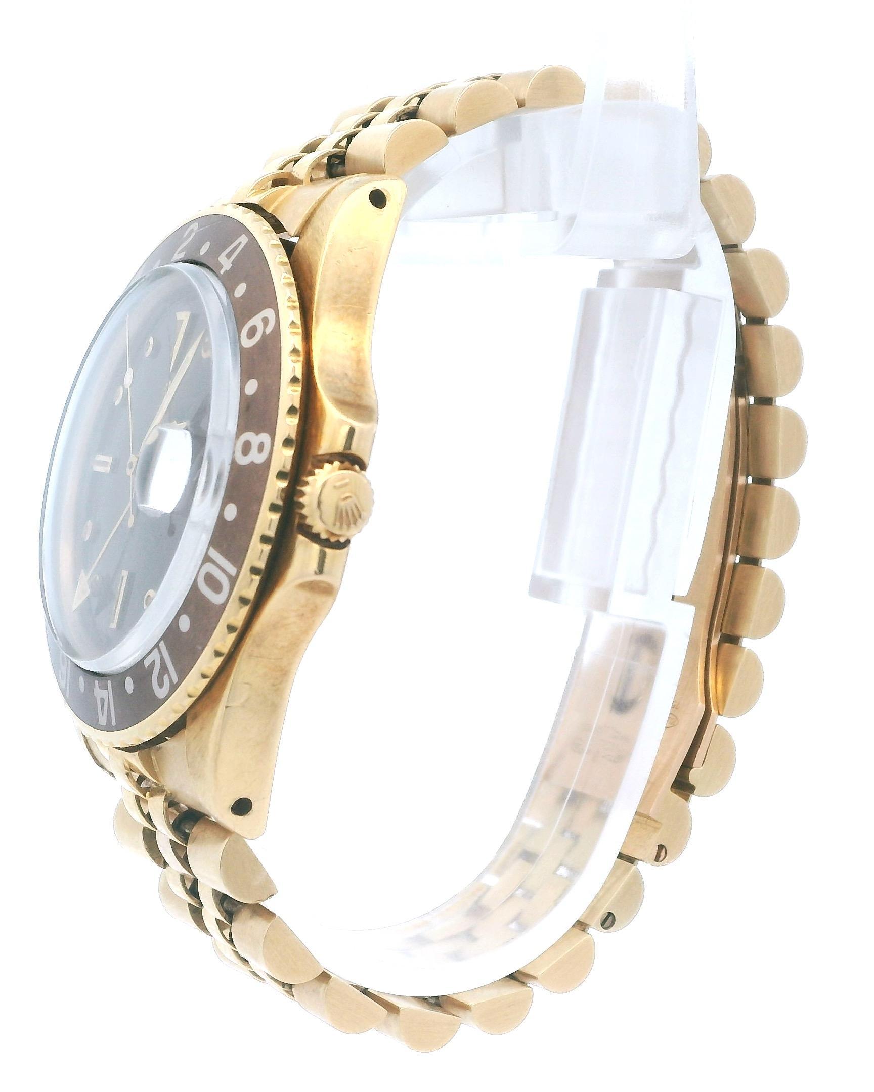 Rolex GMT-Master 1675 Gloss Brown Nipple Dial 18K Yellow Gold Vintage Watch For Sale 2