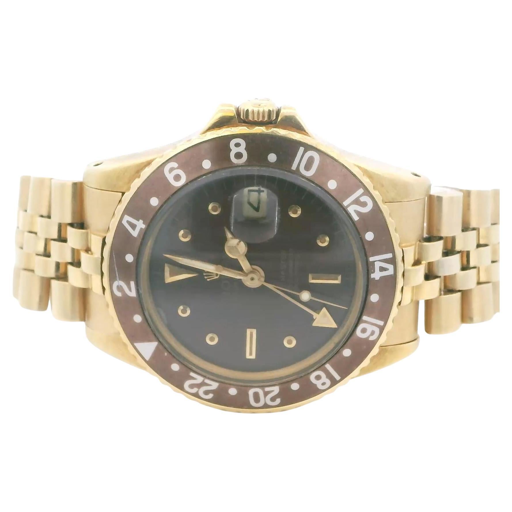 Rolex GMT-Master 1675 Gloss Brown Nipple Dial 18K Yellow Gold Vintage Watch