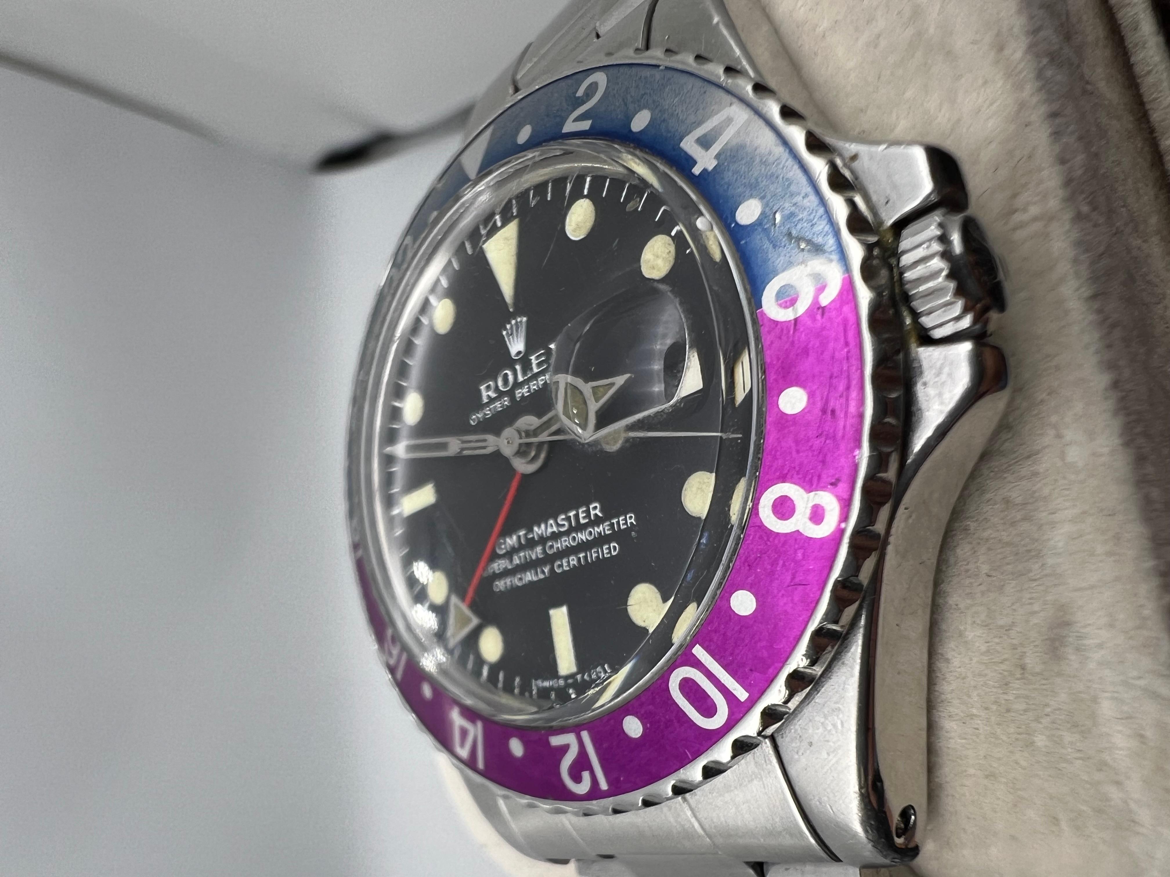 Rolex GMT MASTER 1675 Pepsi fuchsia lunette longue E en acier inoxydable 1968 2