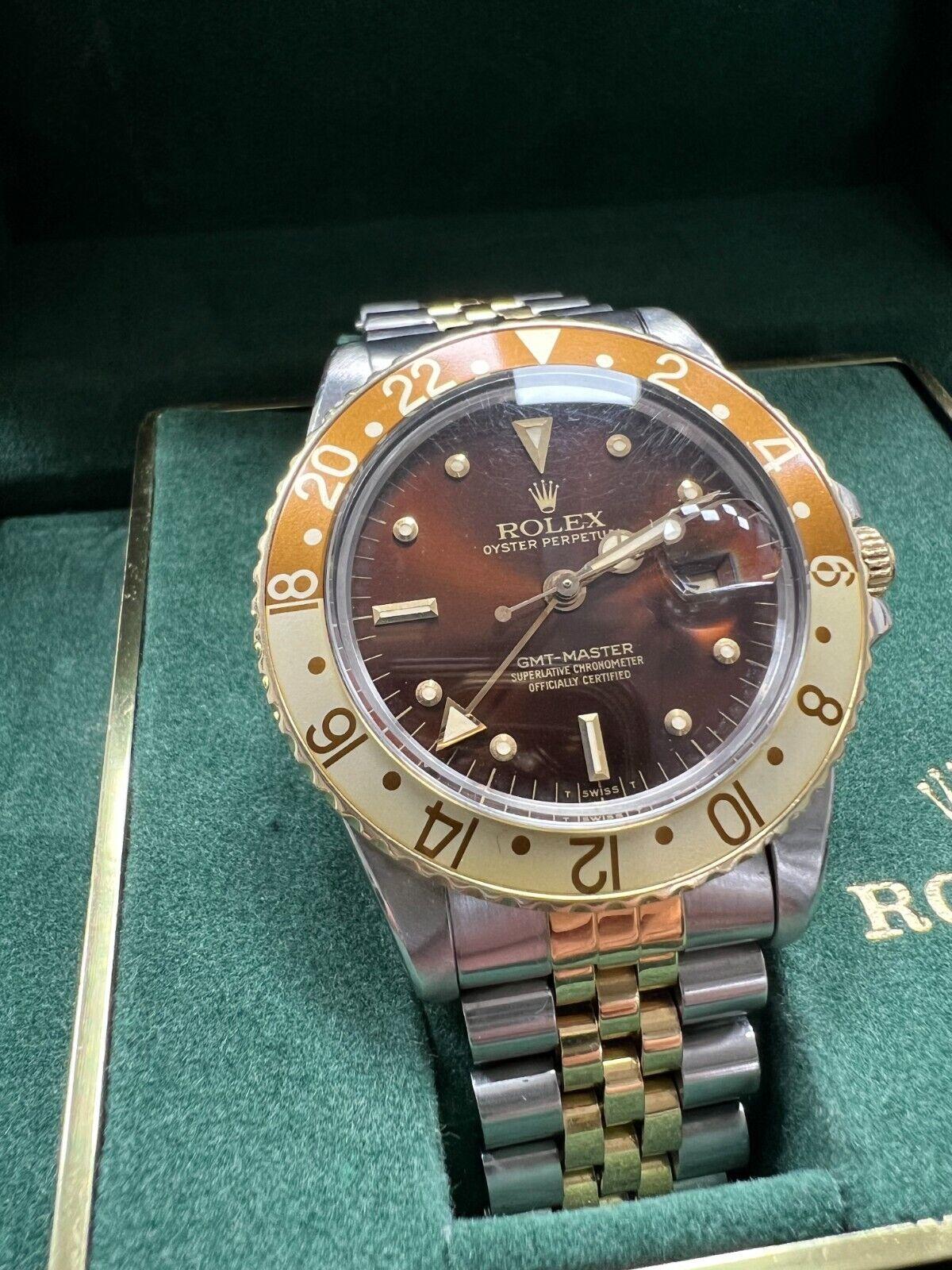 Rolex GMT Master 16753 Root Beer Nipple Dial 18K Gold Steel Box Unpolished For Sale 3