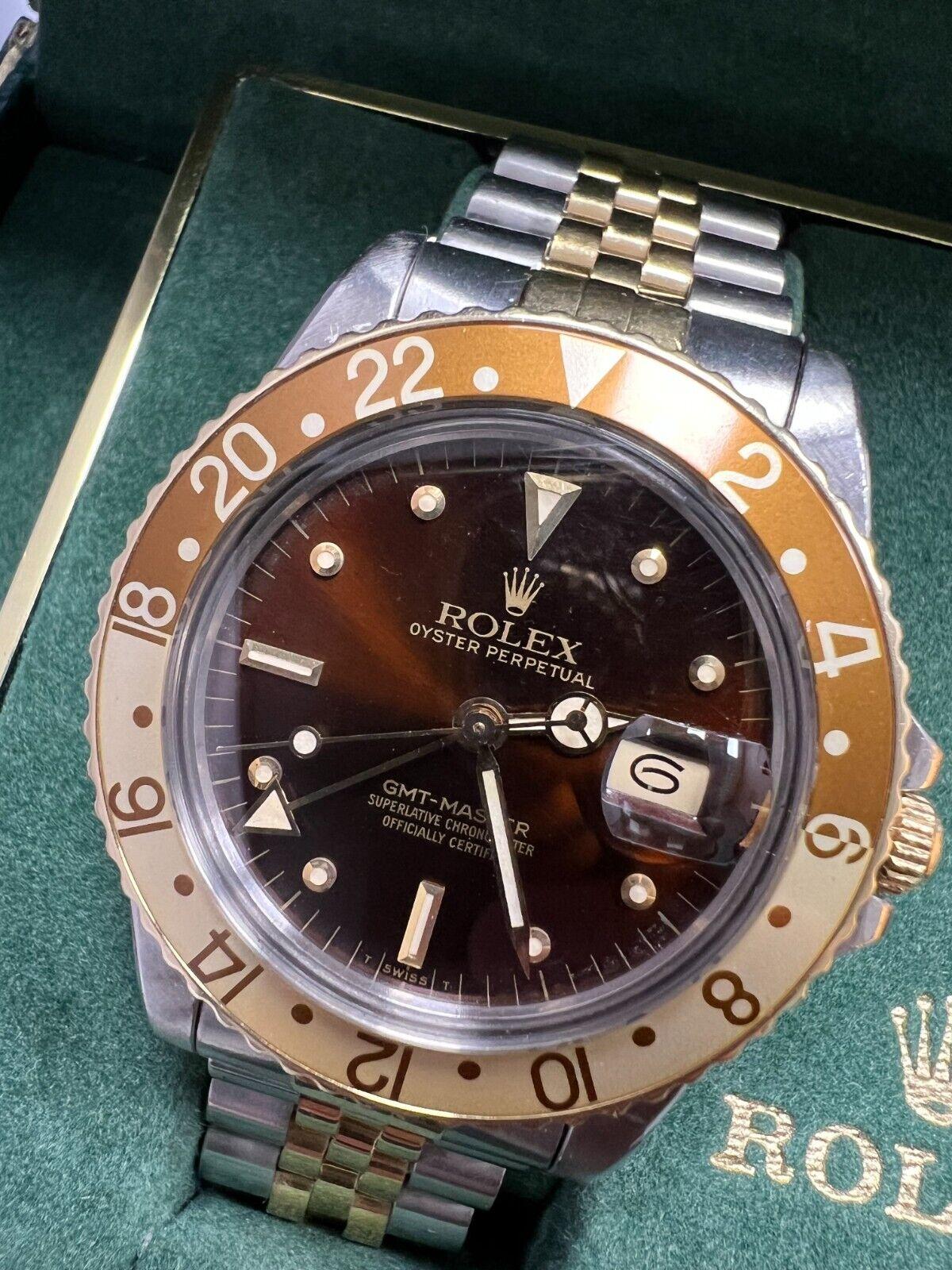 Rolex GMT Master 16753 Root Beer Nipple Dial 18K Gold Steel Box Unpolished In Good Condition For Sale In San Diego, CA