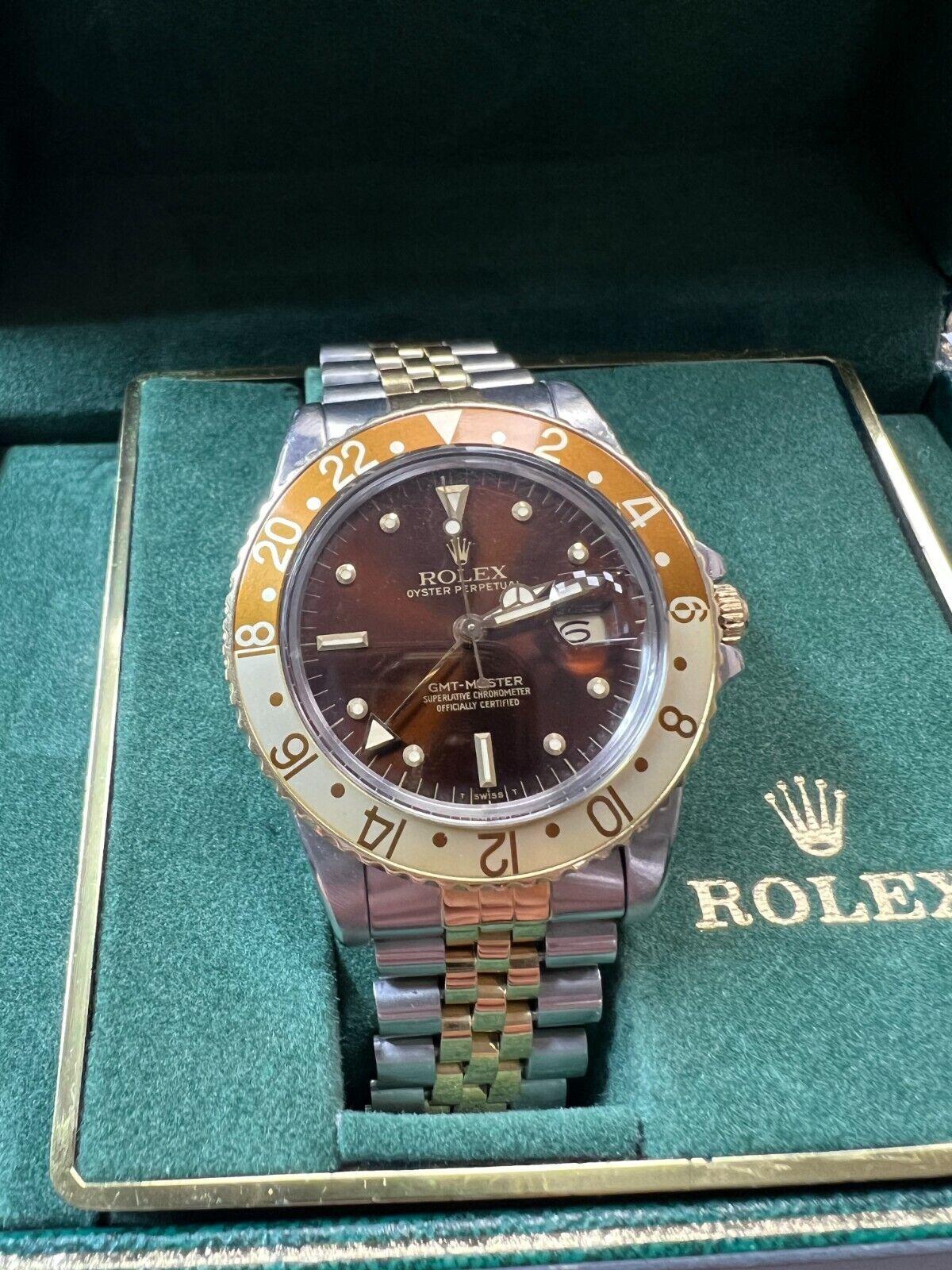 Rolex GMT Master 16753 Root Beer Nipple Dial 18K Gold Steel Box Unpolished For Sale 2