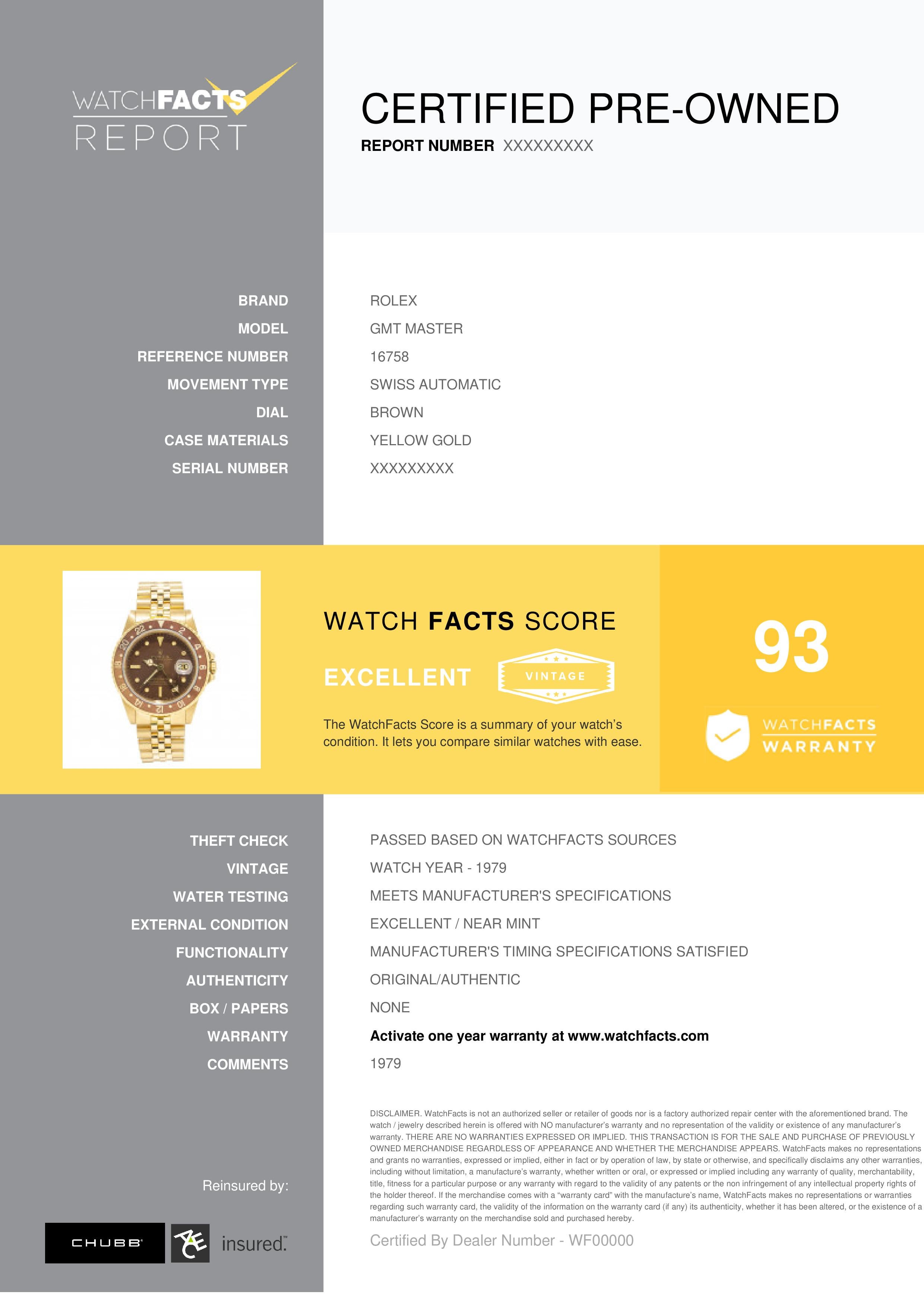 Rolex GMT Master Reference #: 16758. Mens Swiss Automatic Watch Yellow Gold Brown 40 MM. Verified and Certified by WatchFacts. 1 year warranty offered by WatchFacts.
