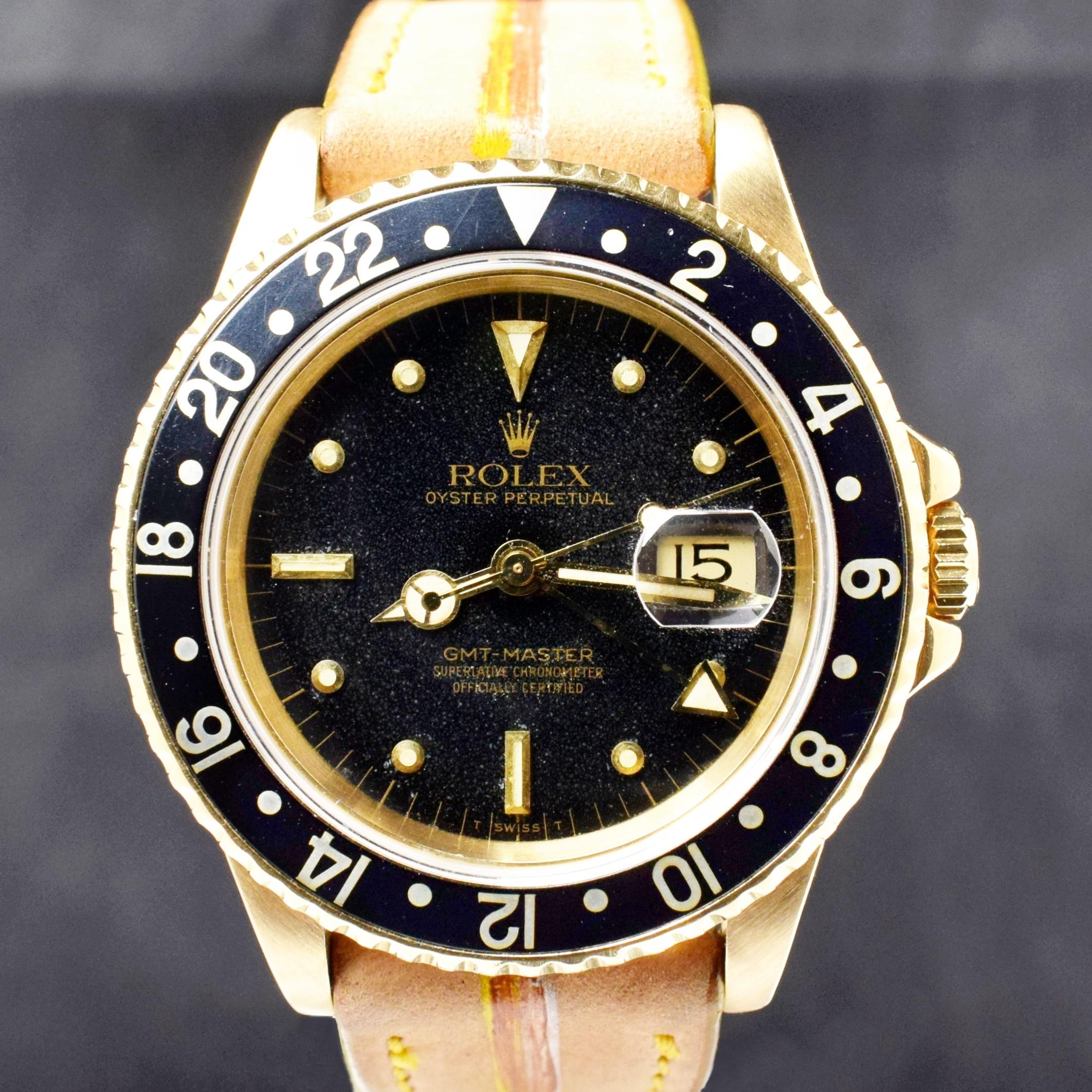 Rolex GMT-Master 18K Yellow Gold Black Nipple Dial 16758 Automatic Watch 1983 In Good Condition In Central & Western District, HK