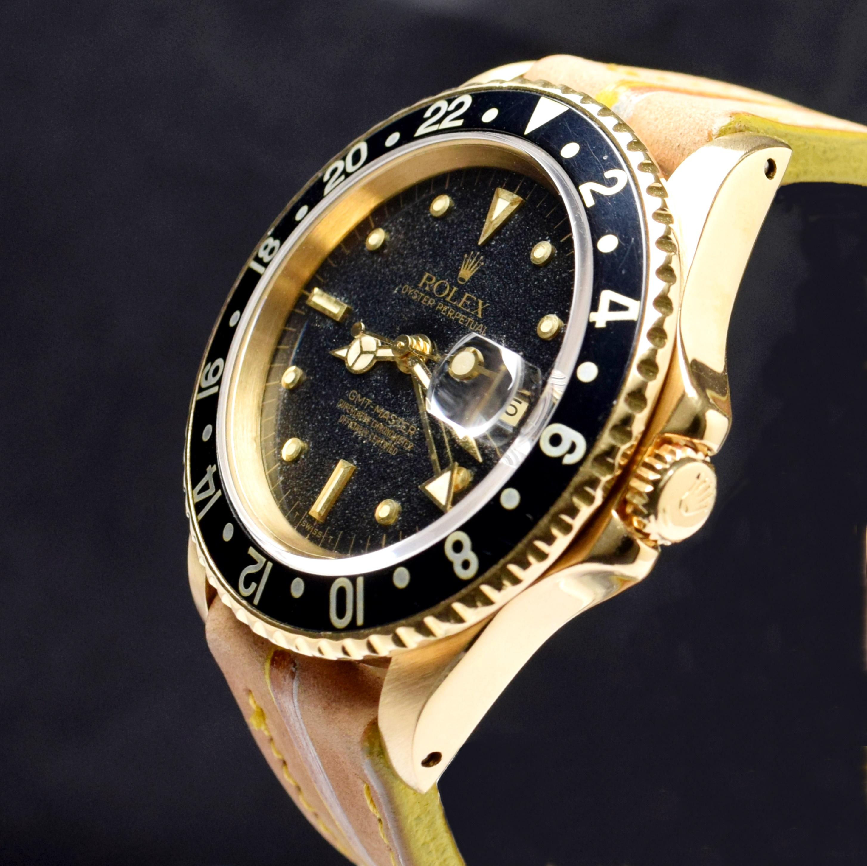 Women's or Men's Rolex GMT-Master 18K Yellow Gold Black Nipple Dial 16758 Automatic Watch 1983
