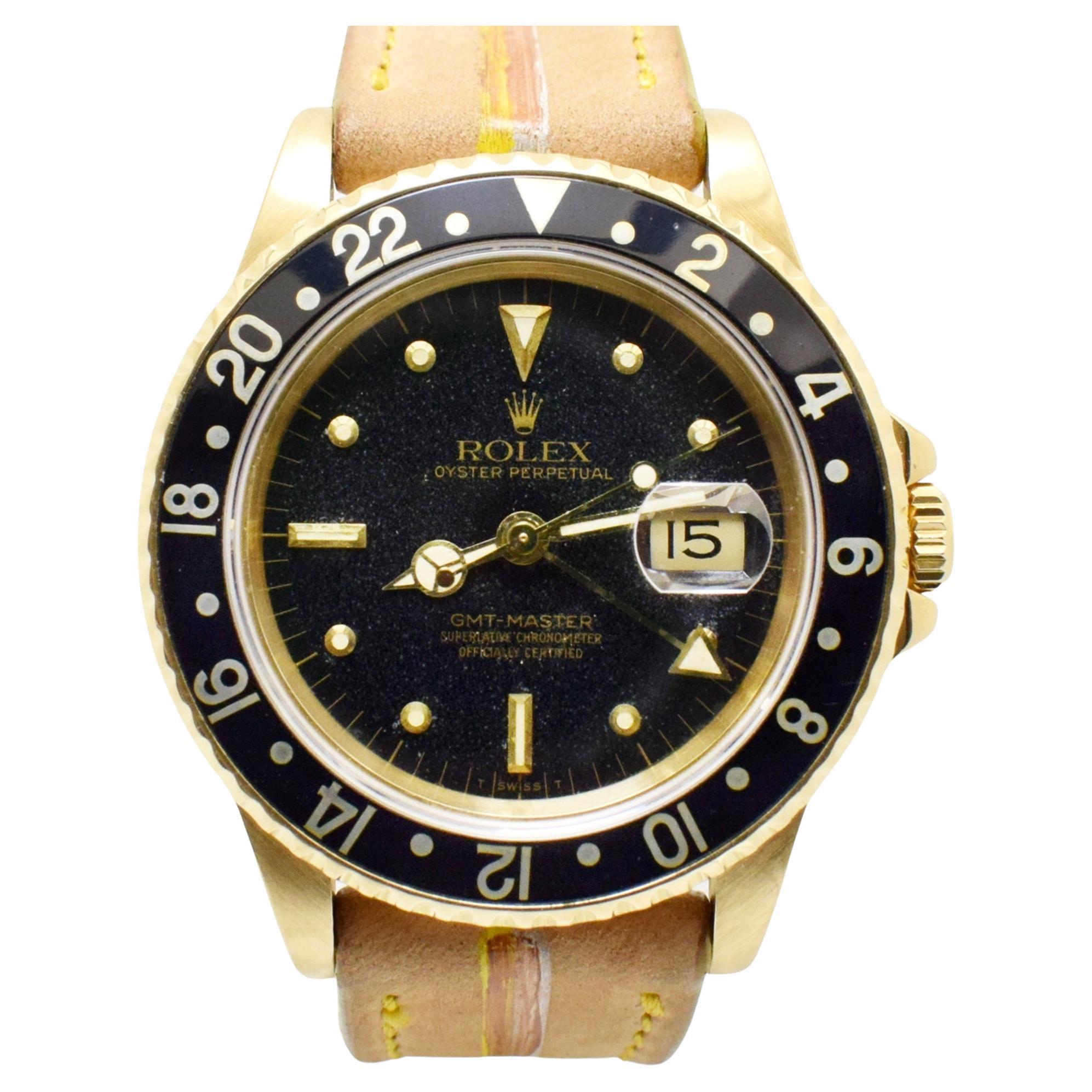 Rolex GMT-Master 18K Yellow Gold Black Nipple Dial 16758 Automatic Watch 1983