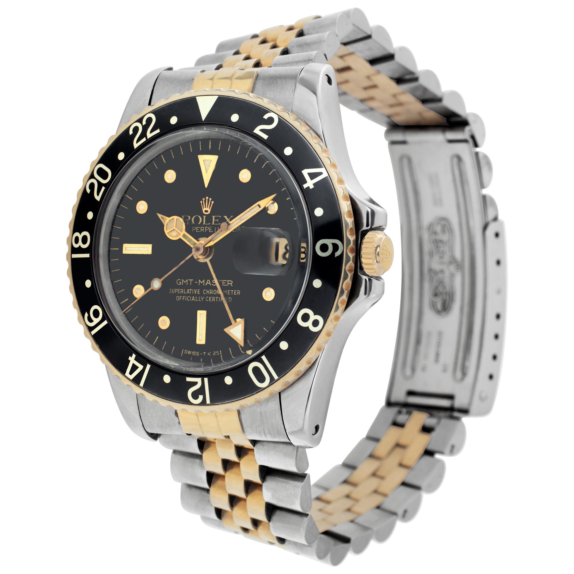 Rolex GMT-Master in 18k & stainless steel with nipple dial. Auto w/ sweep seconds, date and dual time. 40 mm case size. **Bank wire only at this price** Ref 1675. Fine Pre-owned Rolex Watch. Certified preowned Sport Rolex GMT-Master 1675 watch is