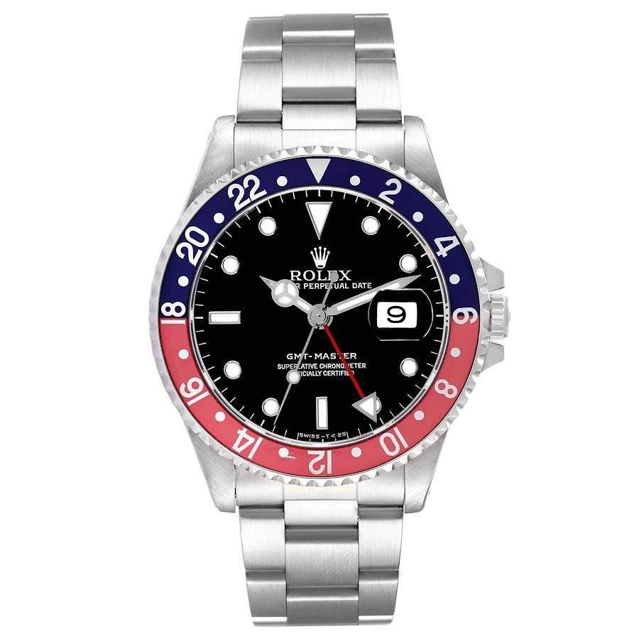 Rolex GMT Master 40mm Blue Red Pepsi Bezel Steel Mens Watch 16700 Box Papers. Officially certified chronometer automatic self-winding movement. Stainless steel case 40 mm in diameter. Rolex logo on the crown. Bidirectional rotating bezel with a