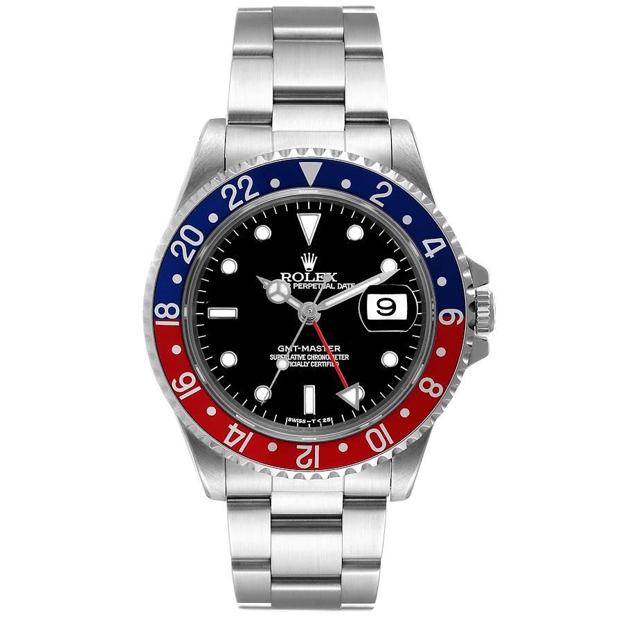 Rolex GMT Master 40mm Blue Red Pepsi Bezel Steel Mens Watch 16700. Officially certified chronometer self-winding movement. Stainless steel case 40 mm in diameter. Rolex logo on a crown. Bidirectional rotating bezel with a special 24-hour blue and