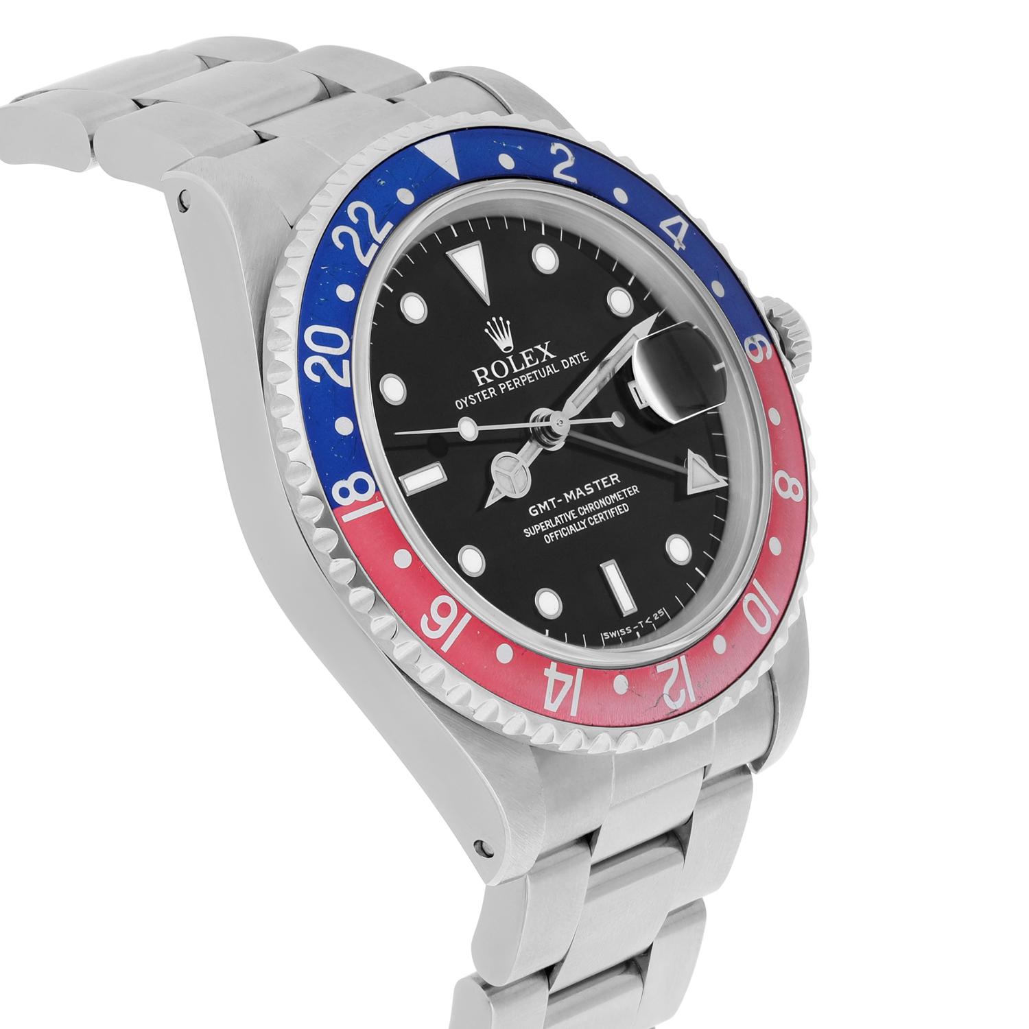 Rolex GMT-Master 40mm PEPSI Black Stainless Steel Watch Blue/Red 16700 Year 1995 Excellent état - En vente à New York, NY