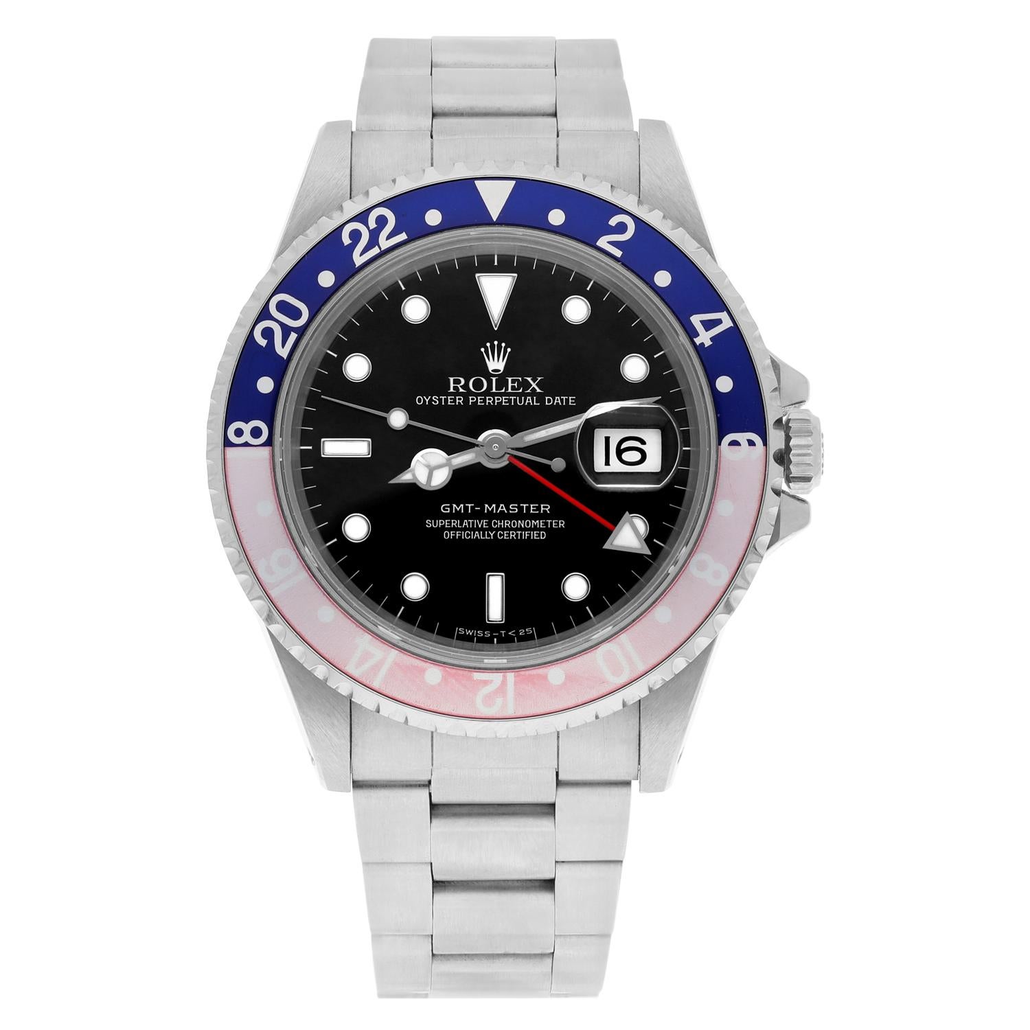 La lunette Pepsi d'origine de cette montre a un aspect délavé très cool, avec une teinte rosée qui se détache sur le bleu. Cette GMT-Master 16700 de la série N est l'une des dernières fabriquées avant l'arrêt du modèle en 1999. Il est doté d'un