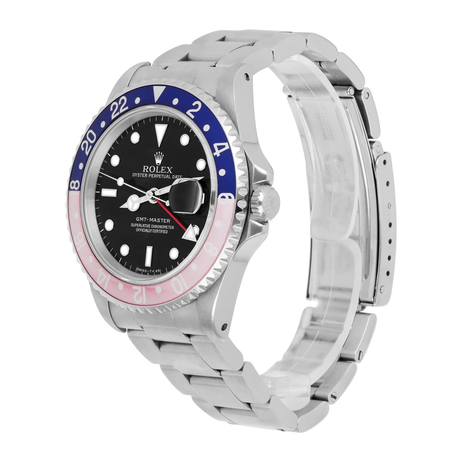 Rolex GMT-Master 40mm PEPSI Black Stainless Steel Watch Blue/Red 16700 Year 1996 Excellent état - En vente à New York, NY