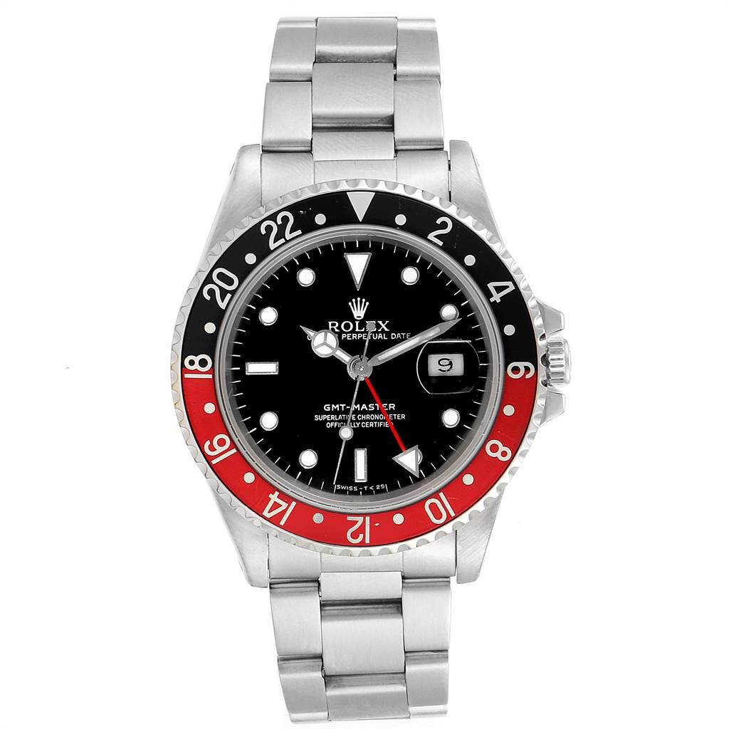 Rolex GMT Master Black Red Coke Bezel Mens Watch 16700. Officially certified chronometer automatic self-winding movement. Stainless steel case 40.0 mm in diameter. Rolex logo on a crown. Bidirectional rotating bezel with a special 24-hour black and