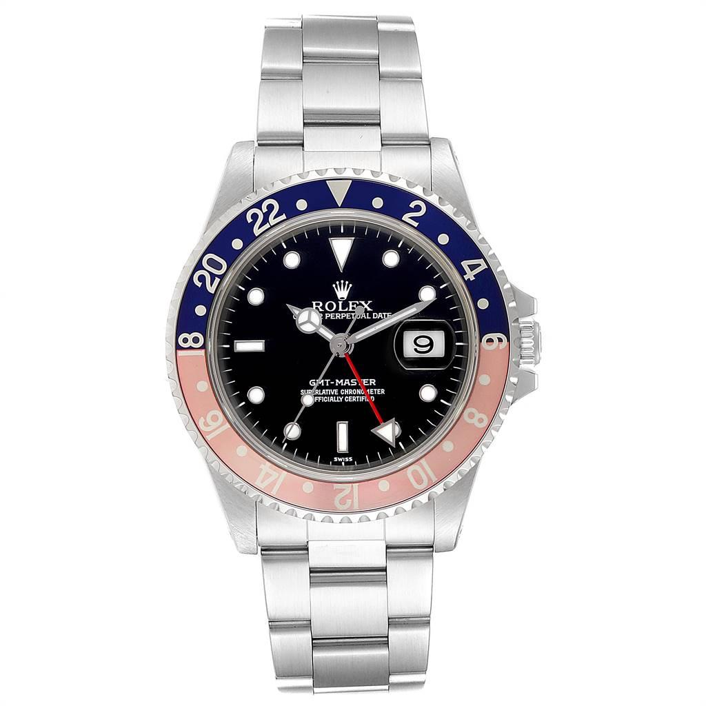 Rolex GMT Master Blue Red Pepsi Bezel Steel Mens Watch 16700 Box. Officially certified chronometer self-winding movement. Stainless steel case 40 mm in diameter. Rolex logo on a crown. Bidirectional rotating bezel with a special 24-hour blue and red