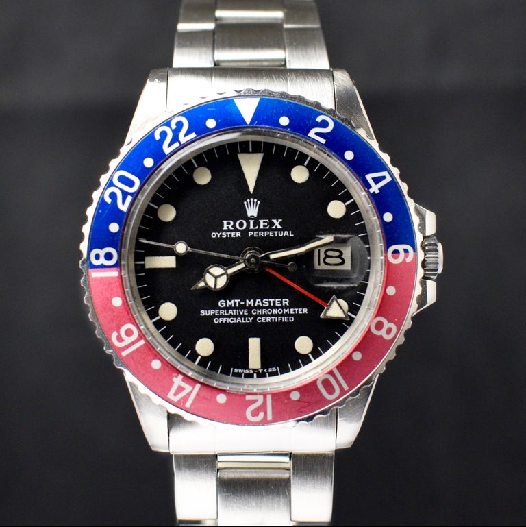 Rolex GMT-Master Blue Red Pepsi Matte Dial 1675 Steel Automatic Watch, 1972 In Good Condition For Sale In Central & Western District, HK
