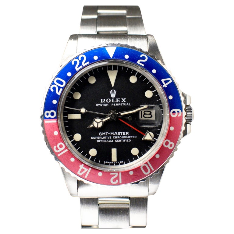 Rolex GMT-Master Blue Red Pepsi Matte Dial 1675 Steel Automatic Watch, 1972 For Sale