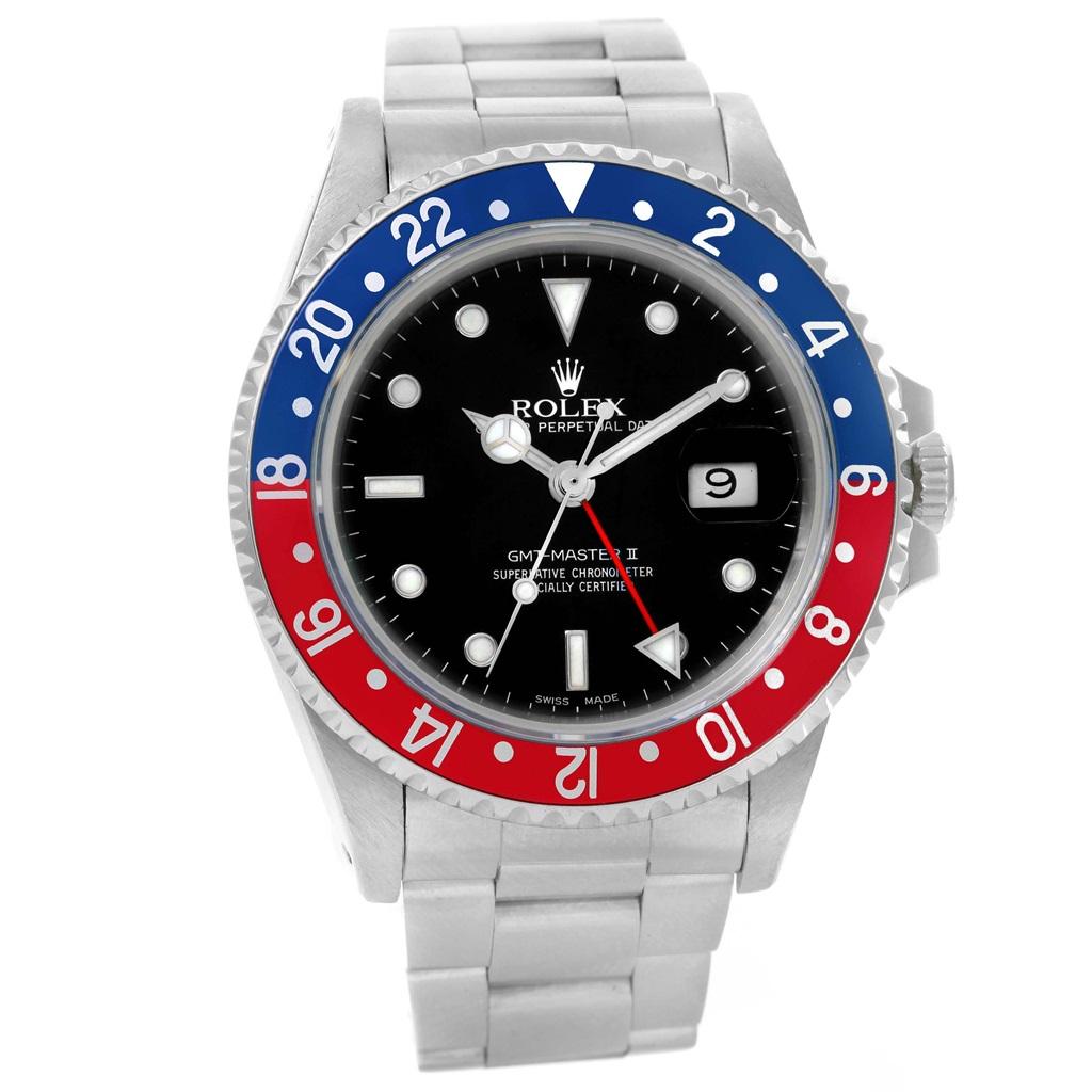 Rolex GMT Master Fat Lady Vintage Pepsi Blue Red Bezel Watch 16760. Officially certified chronometer automatic self-winding movement. Stainless steel case 40.0 mm in diameter. Rolex logo on a crown. Bidirectional rotating bezel with a special
