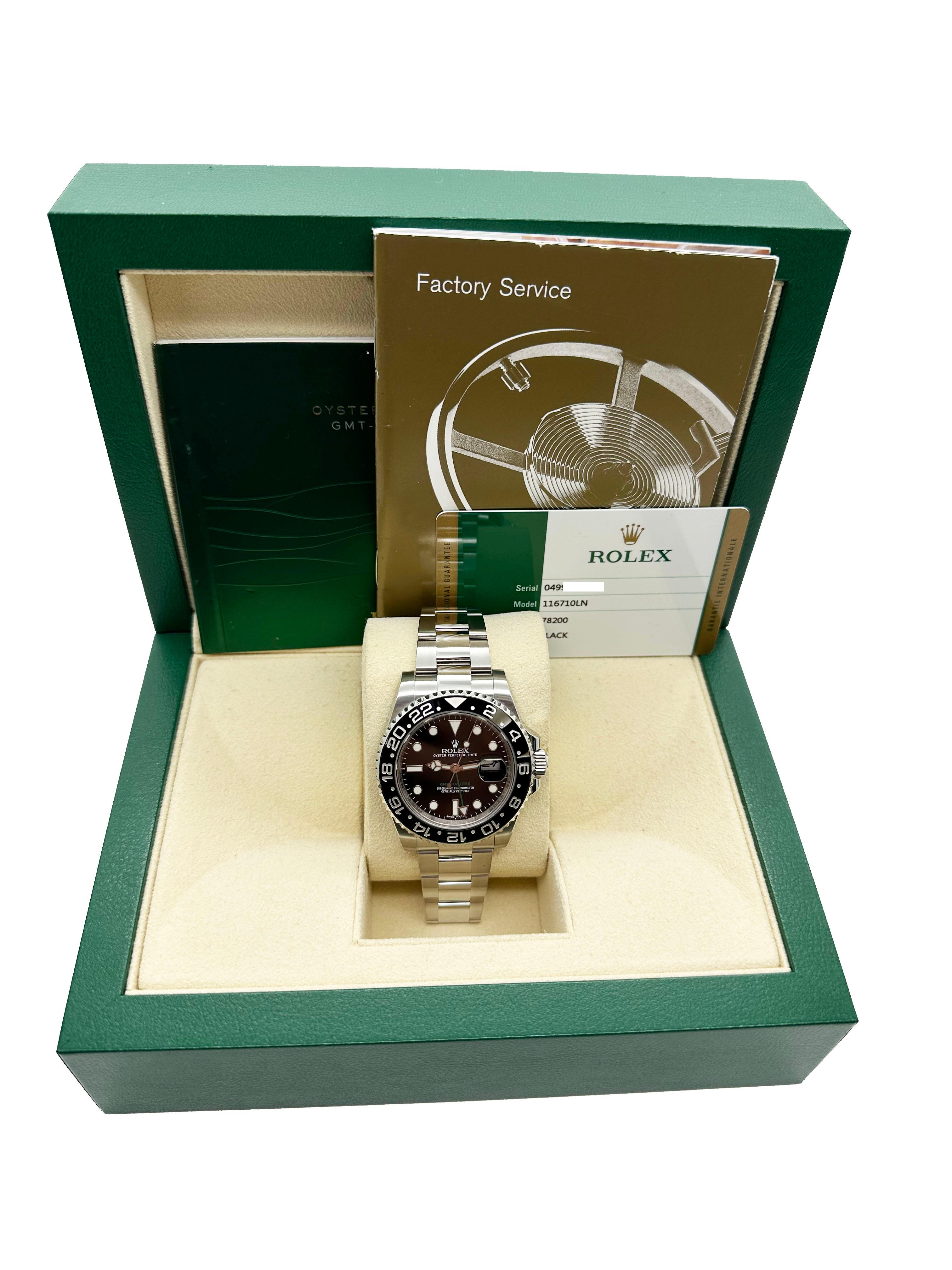 Style Number: 116710LN



Serial: 04996***



Year: 2014

 

Model: GMT Master II

 

Case Material: Stainless Steel

 

Band: Stainless Steel

 

Bezel: Black Ceramic

 

Dial: Black

 

Face: Sapphire Crystal

 

Case Size: 40mm

 

Includes: