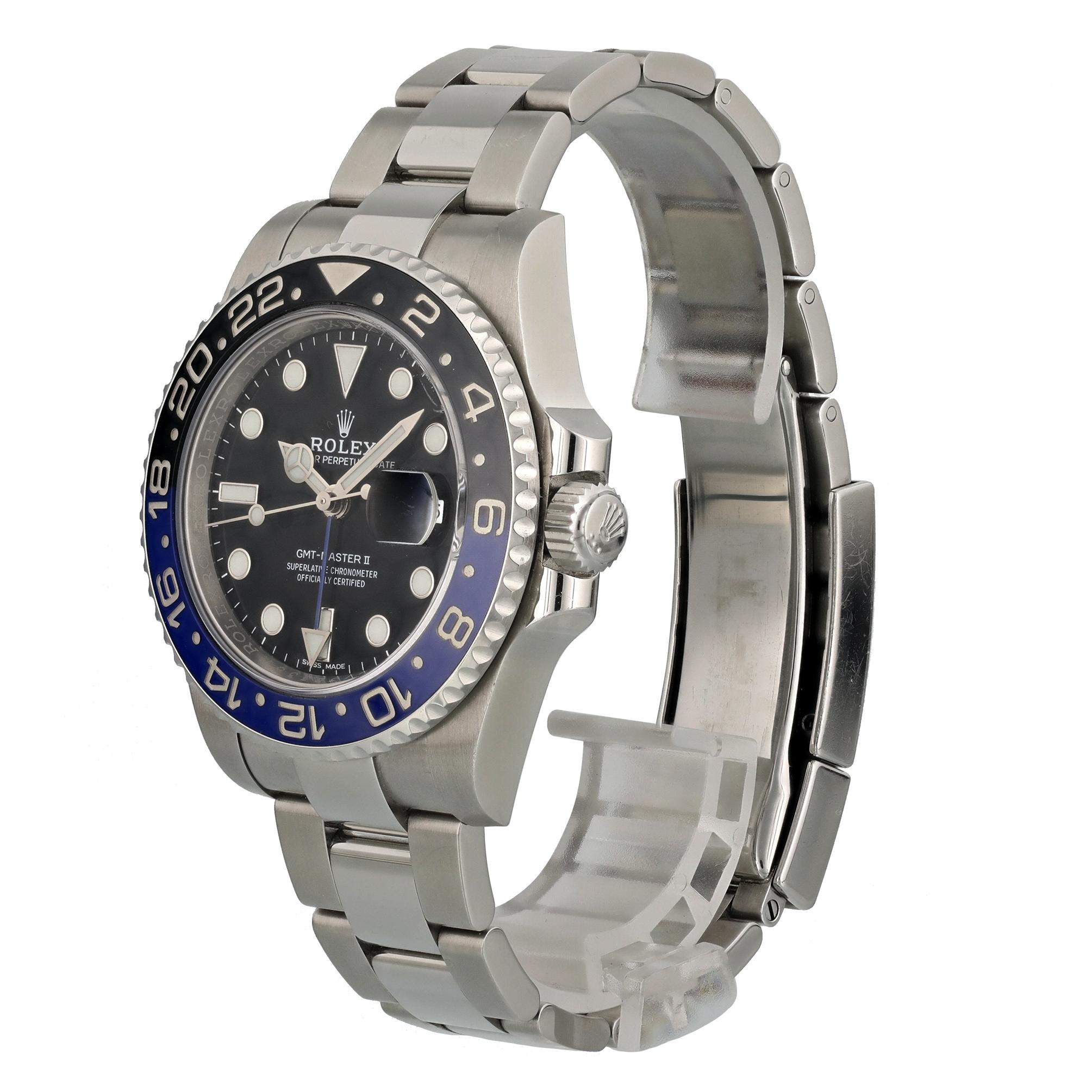 Rolex GMT Master II 116710 Men Watch. 
40mm Stainless Steel case. 
Bi-directional rotating blue and black Batman bezel. 
Black dial with luminous steel hands and dot hour markers. 
Date display at the 3 o'clock position. 
Minute markers on the outer