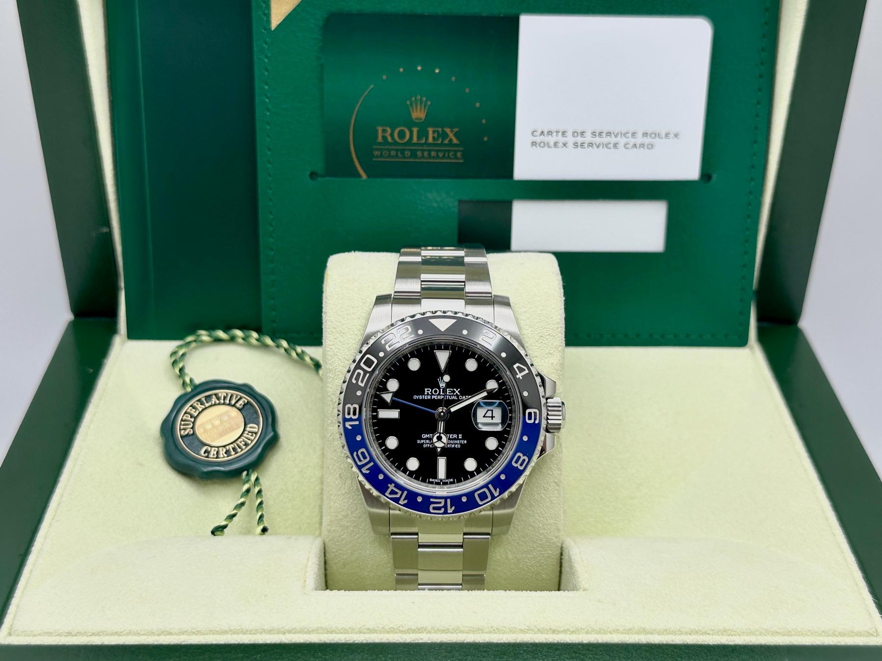 Style Number: 116710BLNR



Serial: 16P4Q***



Year: 2013 - 2019

 

Model: Rolex GMT Master II 'Batman'

 

Case Material: Stainless Steel

 

Band: Stainless Steel

   

Bezel: Black & Blue Ceramic

  

Dial: Black

 

Crystal: Sapphire Crystal

