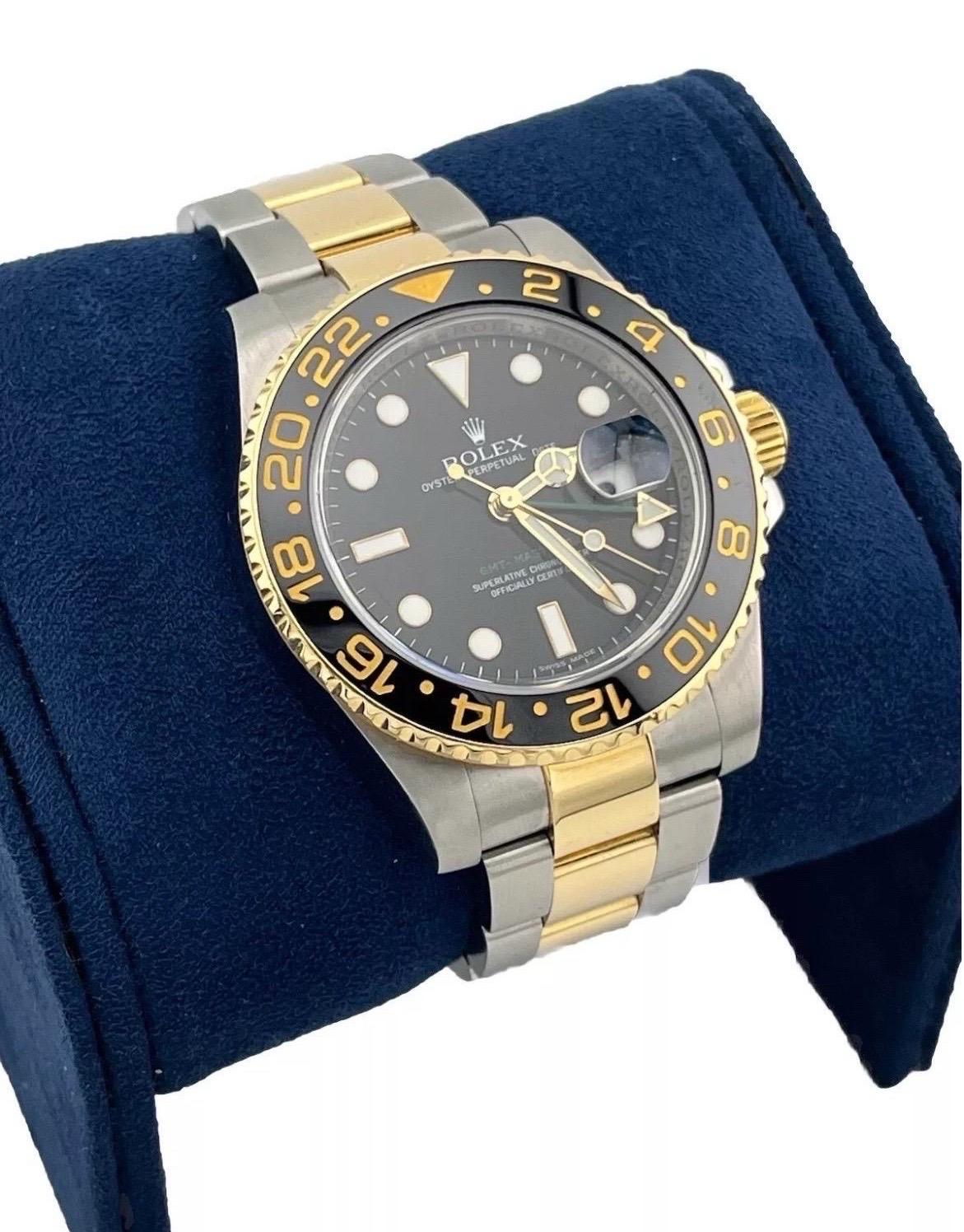 Women's or Men's Rolex GMT-Master II 116713 Black Ceramic Two-Tone 18K Yellow Gold Stainless 40mm For Sale