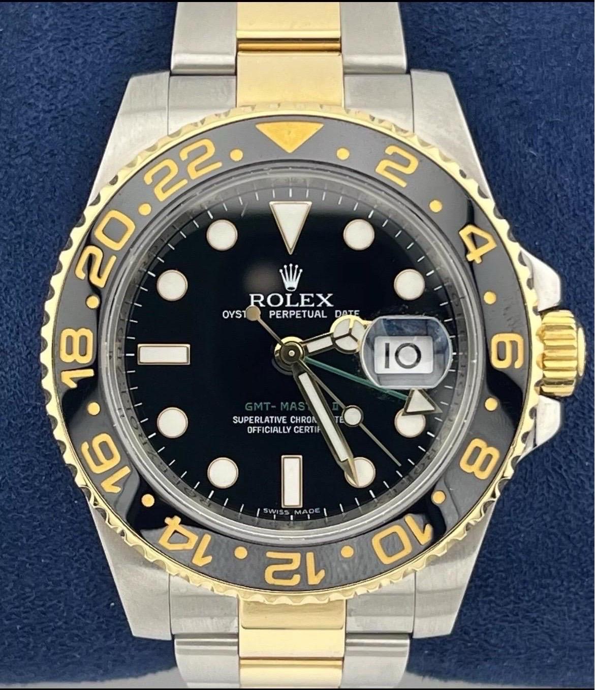 Rolex GMT-Master II 116713 Black Ceramic Two-Tone 18K Yellow Gold Stainless 40mm For Sale 1