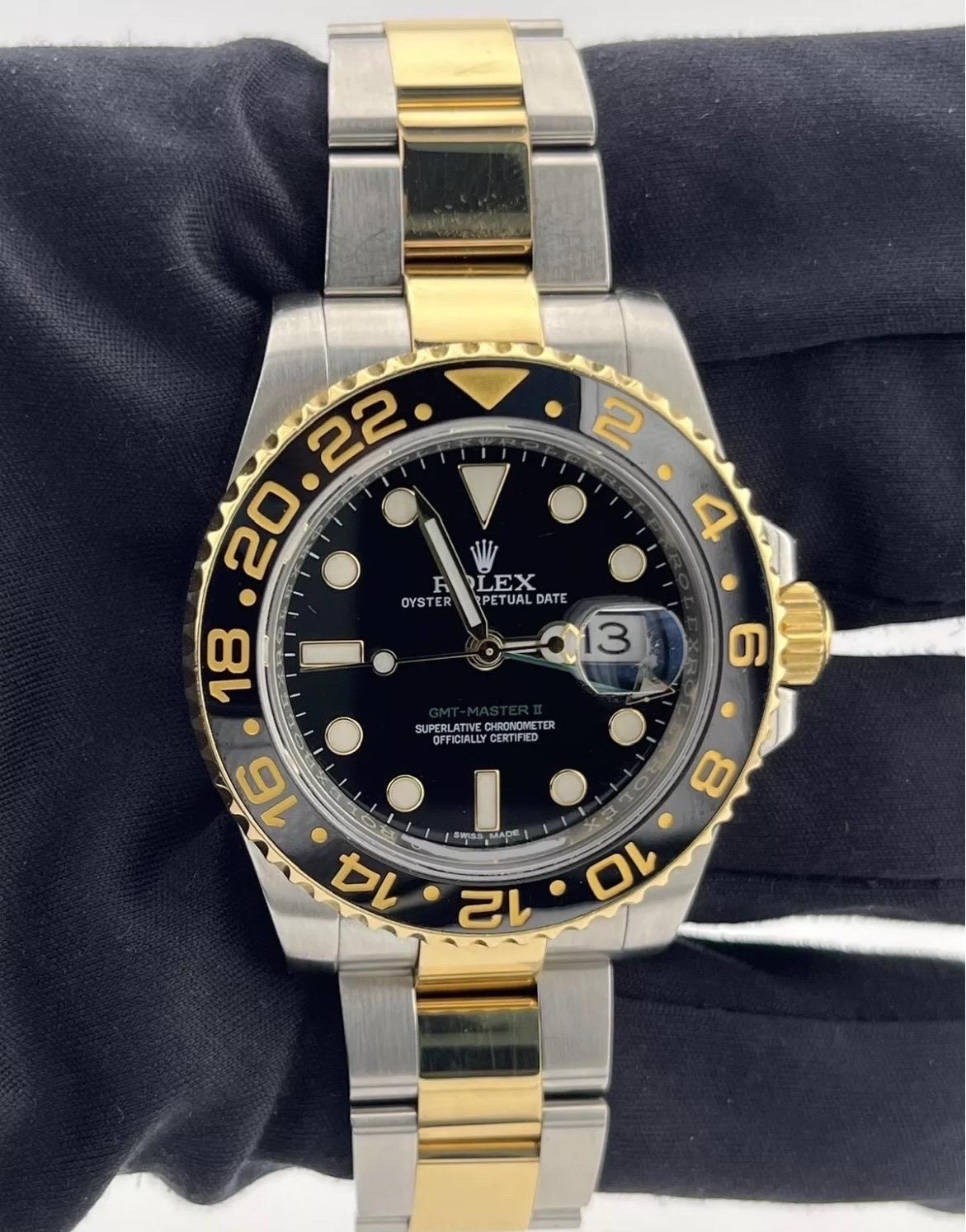 Rolex GMT-Master II 116713 Black Ceramic Two-Tone 18K Yellow Gold Stainless 40mm For Sale 1