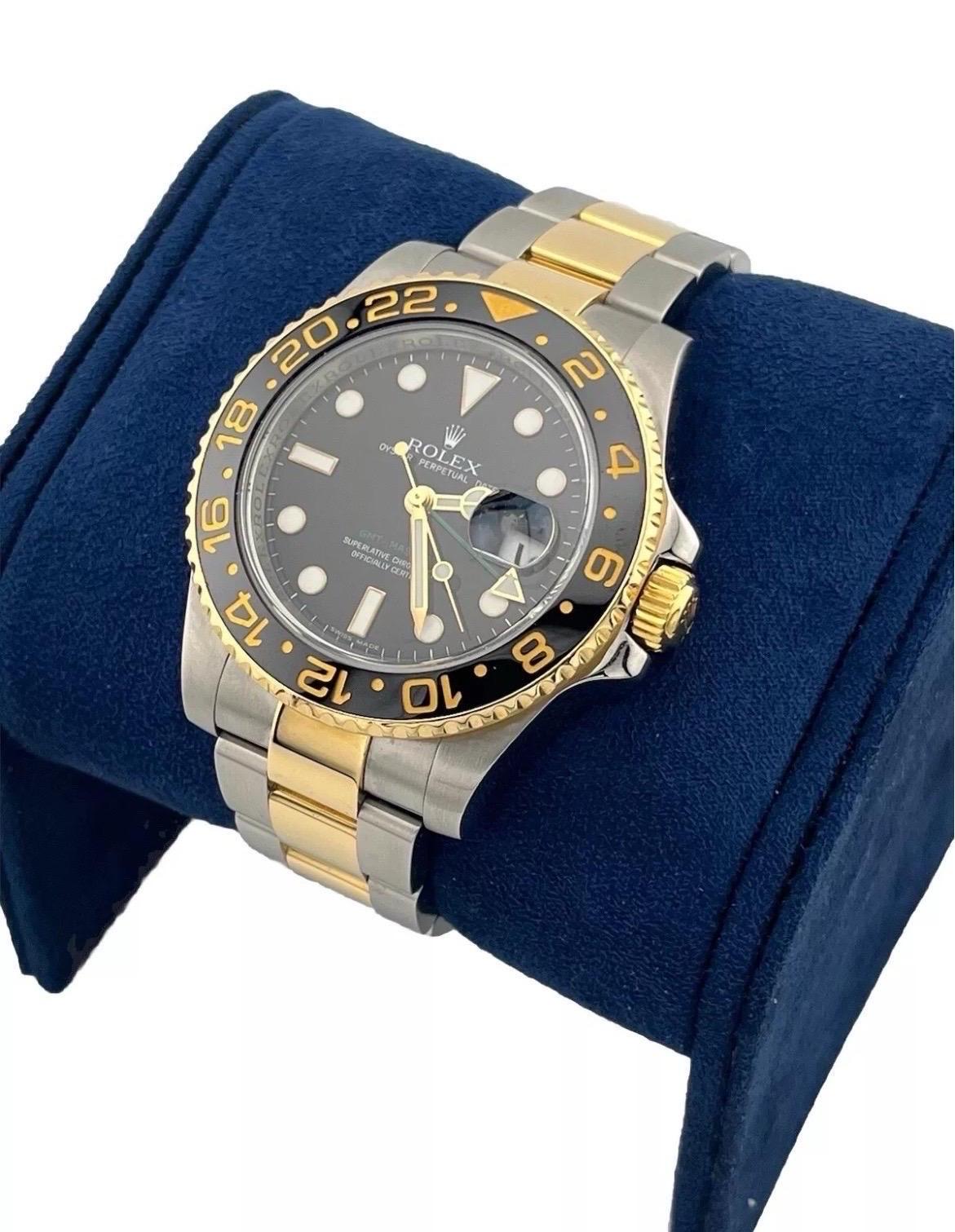 Rolex GMT-Master II 116713 Black Ceramic Two-Tone 18K Yellow Gold Stainless 40mm For Sale 2