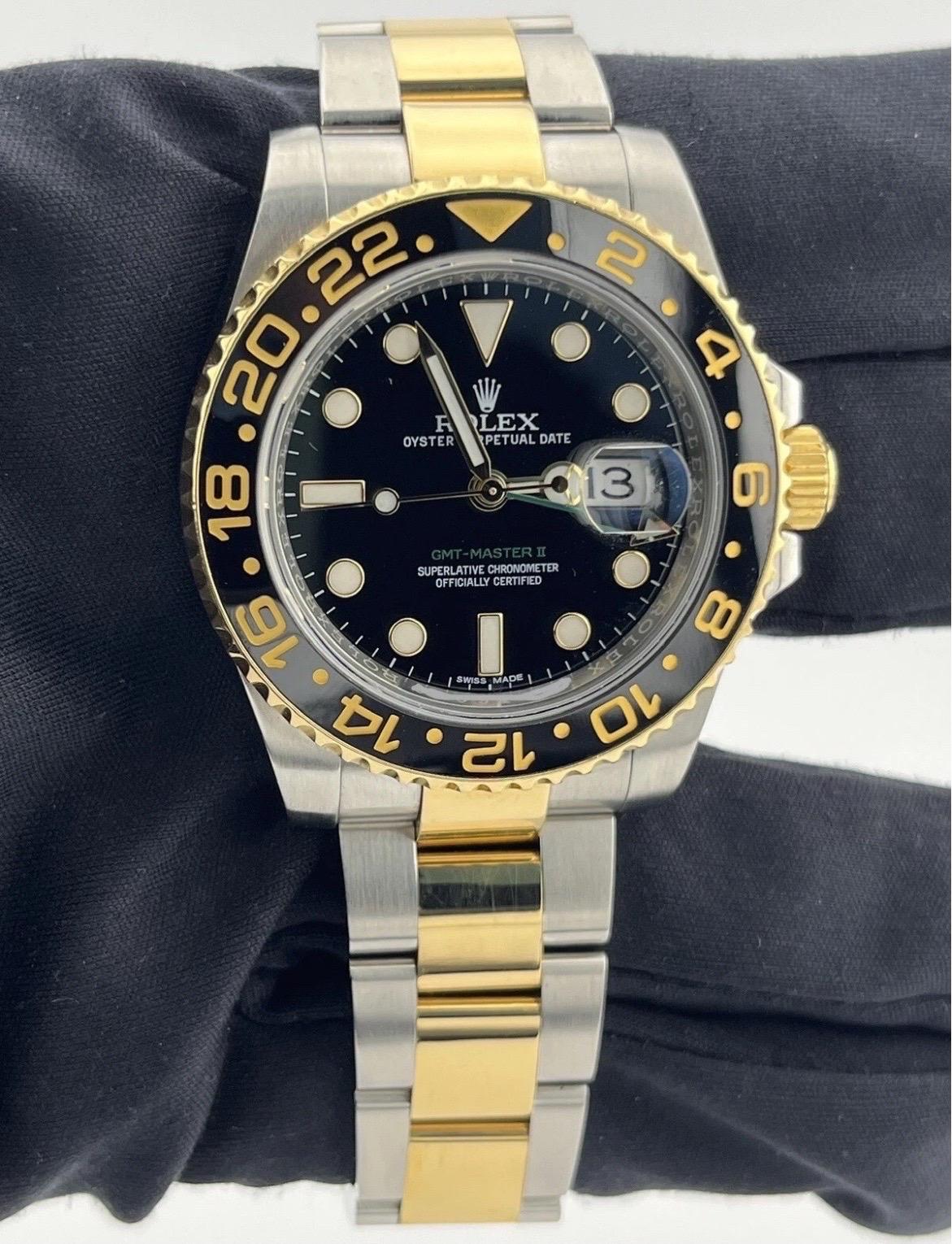 Rolex GMT-Master II 116713 Black Ceramic Two-Tone 18K Yellow Gold Stainless 40mm For Sale 3