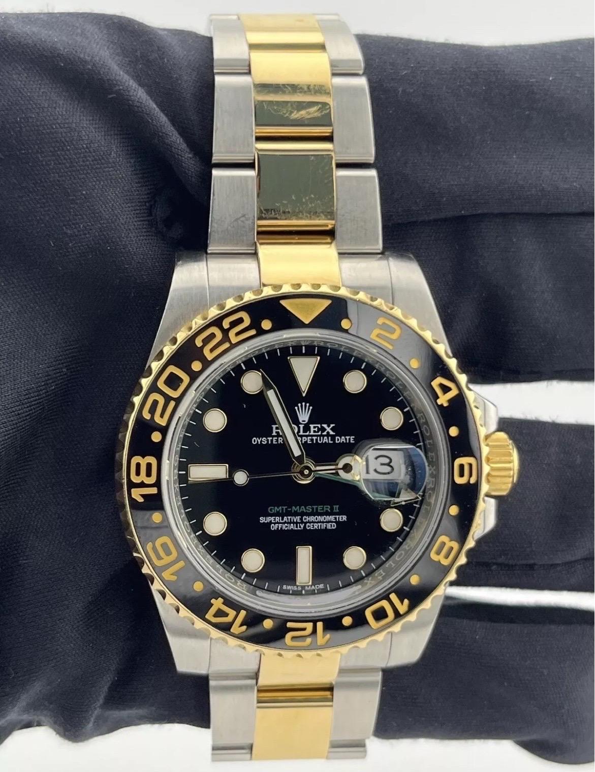 Rolex GMT-Master II 116713 Black Ceramic Two-Tone 18K Yellow Gold Stainless 40mm For Sale 4